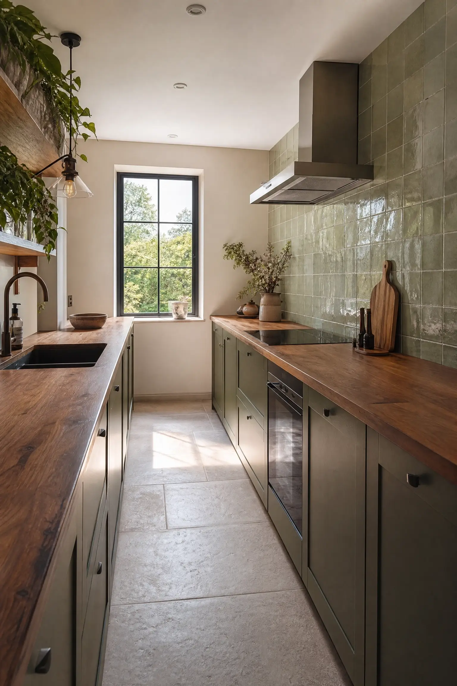 Narrow galley kitchen with handmade green ceramic tile wall, wood counters, and olive cabinets.