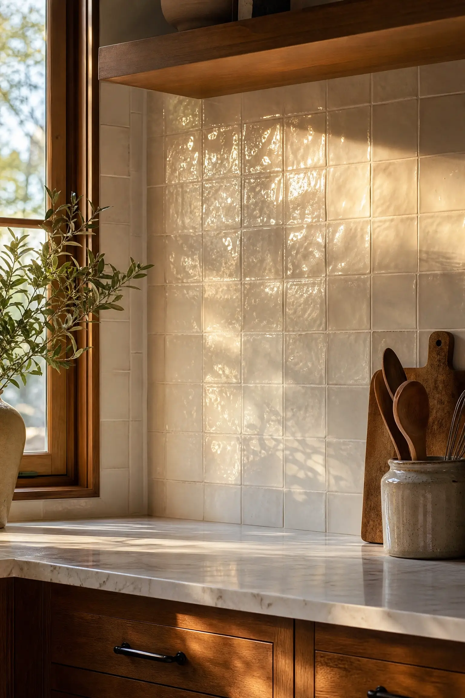 Handmade cream kitchen tiles glowing in late-afternoon window light beside warm wood cabinets.