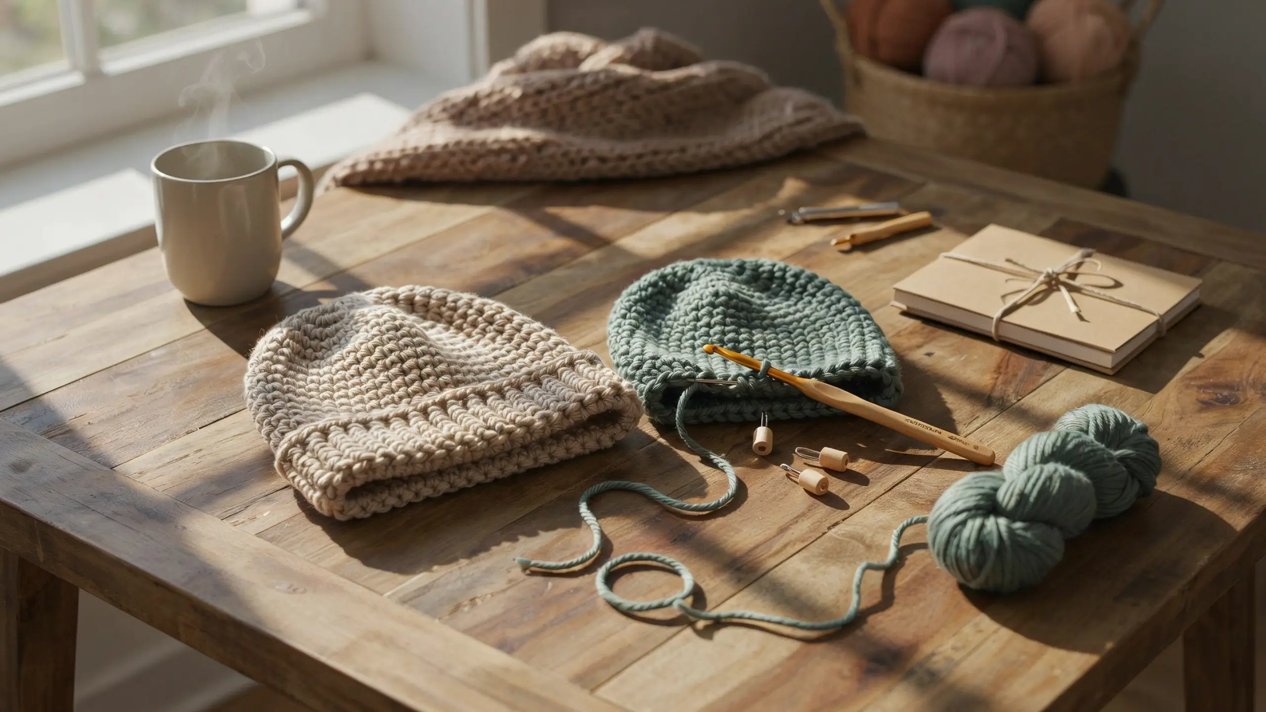Handmade crochet beanie and wooden hook with sage green yarn, stitch markers, and steaming coffee mug on rustic table for cozy crafting project