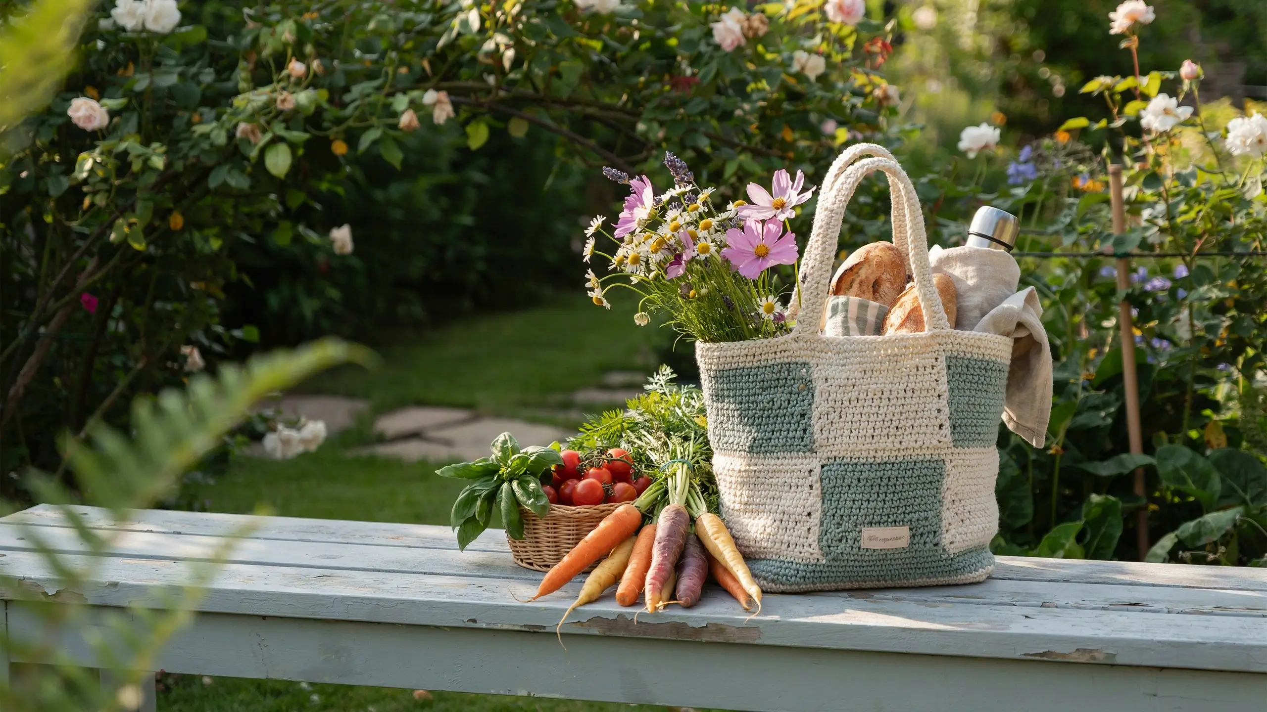 Handmade crochet checkered tote bag filled with bread, flowers, and a thermos, resting next to freshly harvested carrots and tomatoes on an outdoor bench.