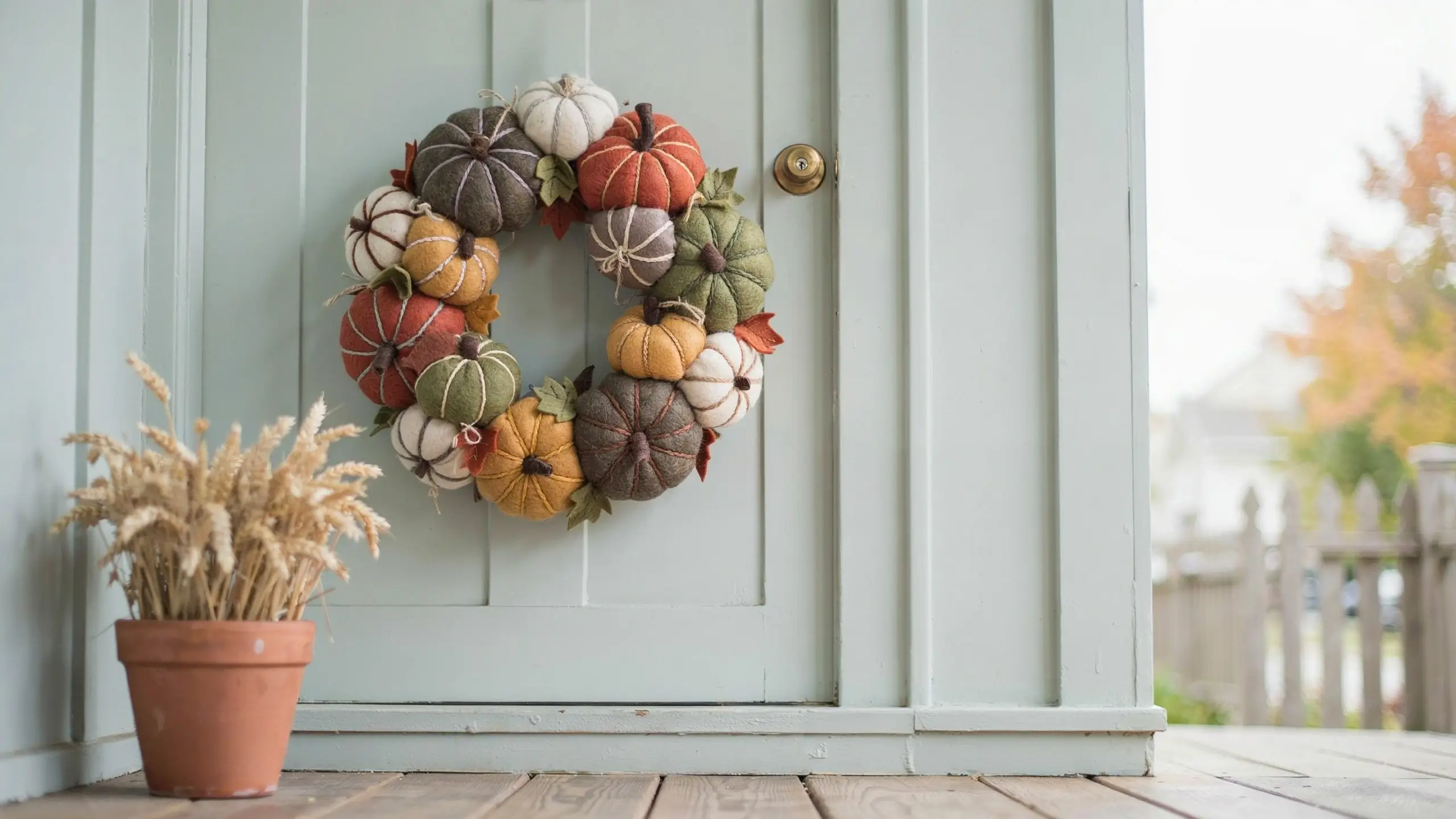 Handcrafted felt pumpkin patchwork wreath featuring orange, cream, olive green, and brown stuffed pumpkins with faux leaves, hanging on a light sage-green paneled front door, paired with a terracotta pot of dried wheat on a wooden porch with a misty fall landscape.