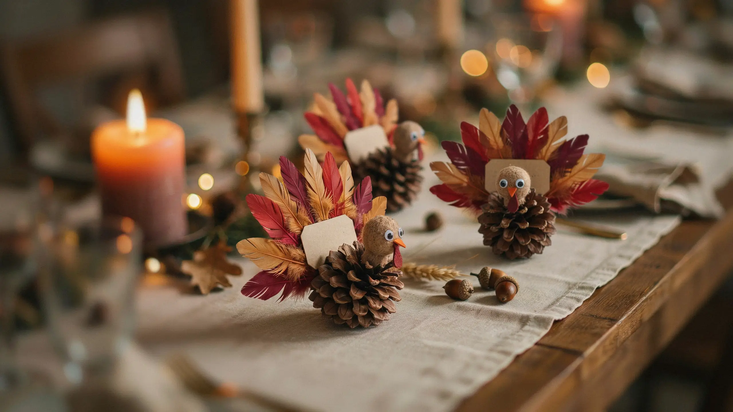 Three handmade pinecone turkey place cards with colorful autumn feathers and blank wooden tags on a rustic Thanksgiving table setting with acorns and a lit candle.