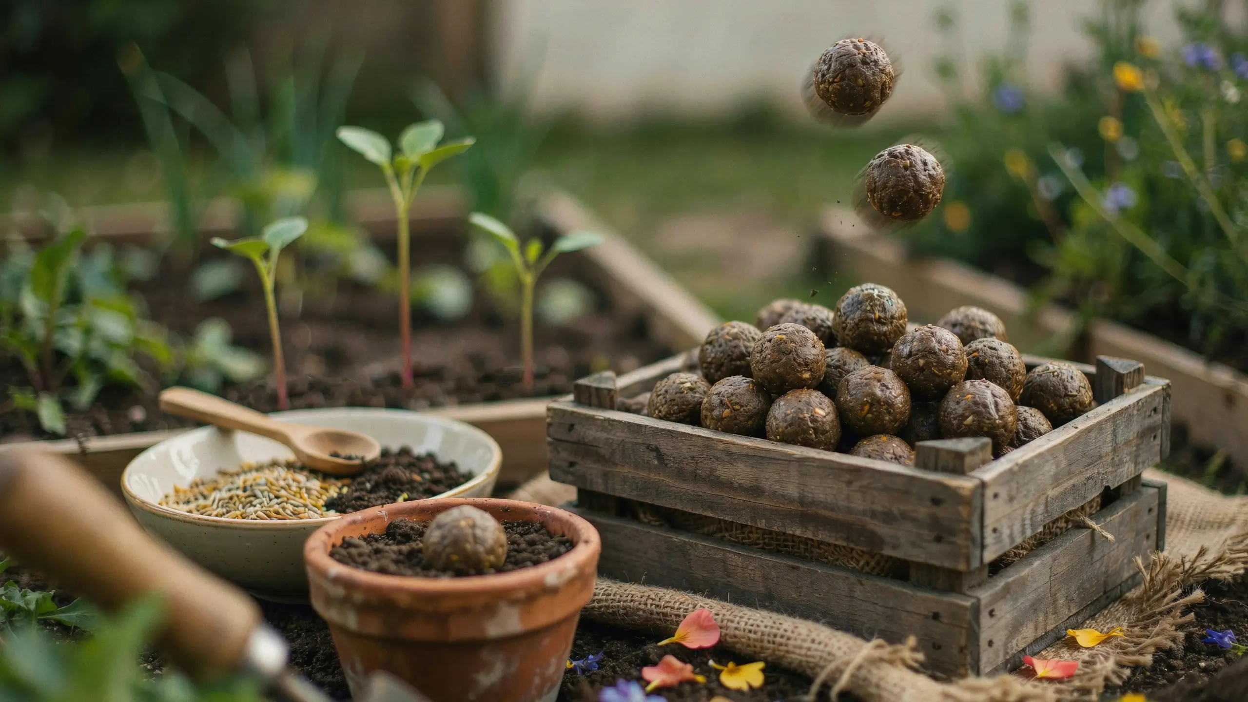 Handmade seed bombs falling mid-air above a rustic wooden crate, surrounded by organic seeds and soil for sustainable gardening.