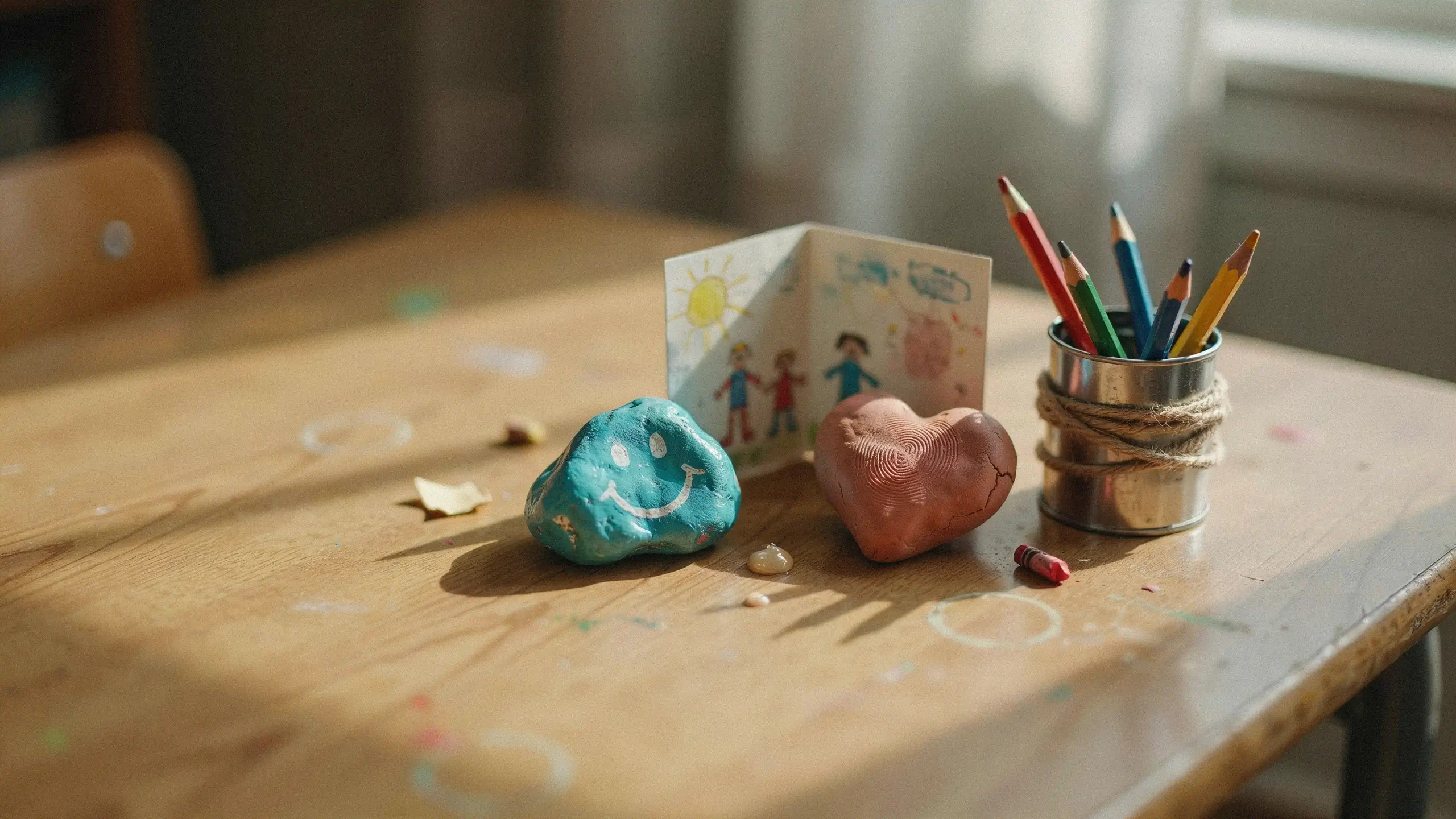 Child-made painted rock, clay heart, handmade card, and pencil holder displayed on a classroom table.