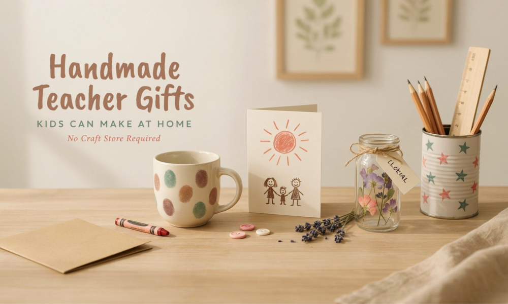 Handmade teacher gifts kids can make at home, including a fingerprint mug, drawn card and pressed-flower jar.