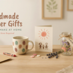 Handmade teacher gifts kids can make at home, including a fingerprint mug, drawn card and pressed-flower jar.