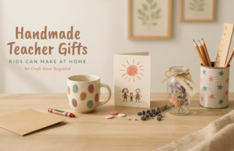 Handmade teacher gifts kids can make at home, including a fingerprint mug, drawn card and pressed-flower jar.
