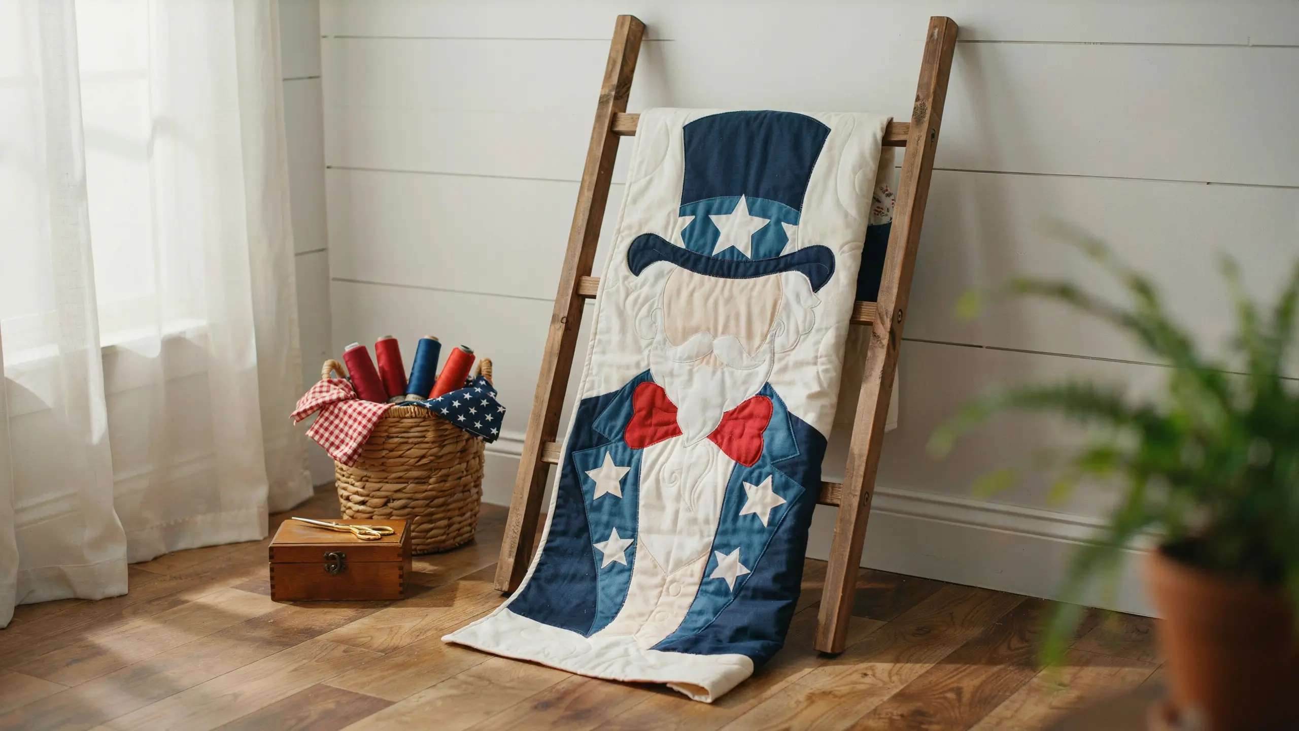 Handcrafted Uncle Sam patriotic novelty quilt with red bow tie and white stars draped on a wooden ladder in a sewing room with a basket of matching thread.