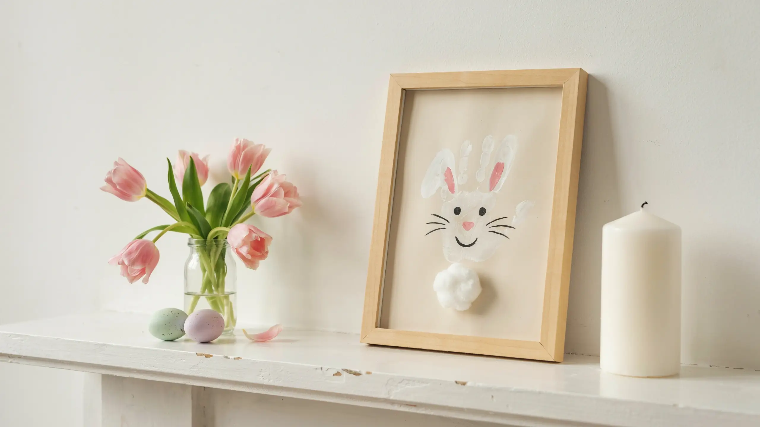 Handprint bunny art with cotton tail in wooden frame next to pink tulips and Easter eggs. 