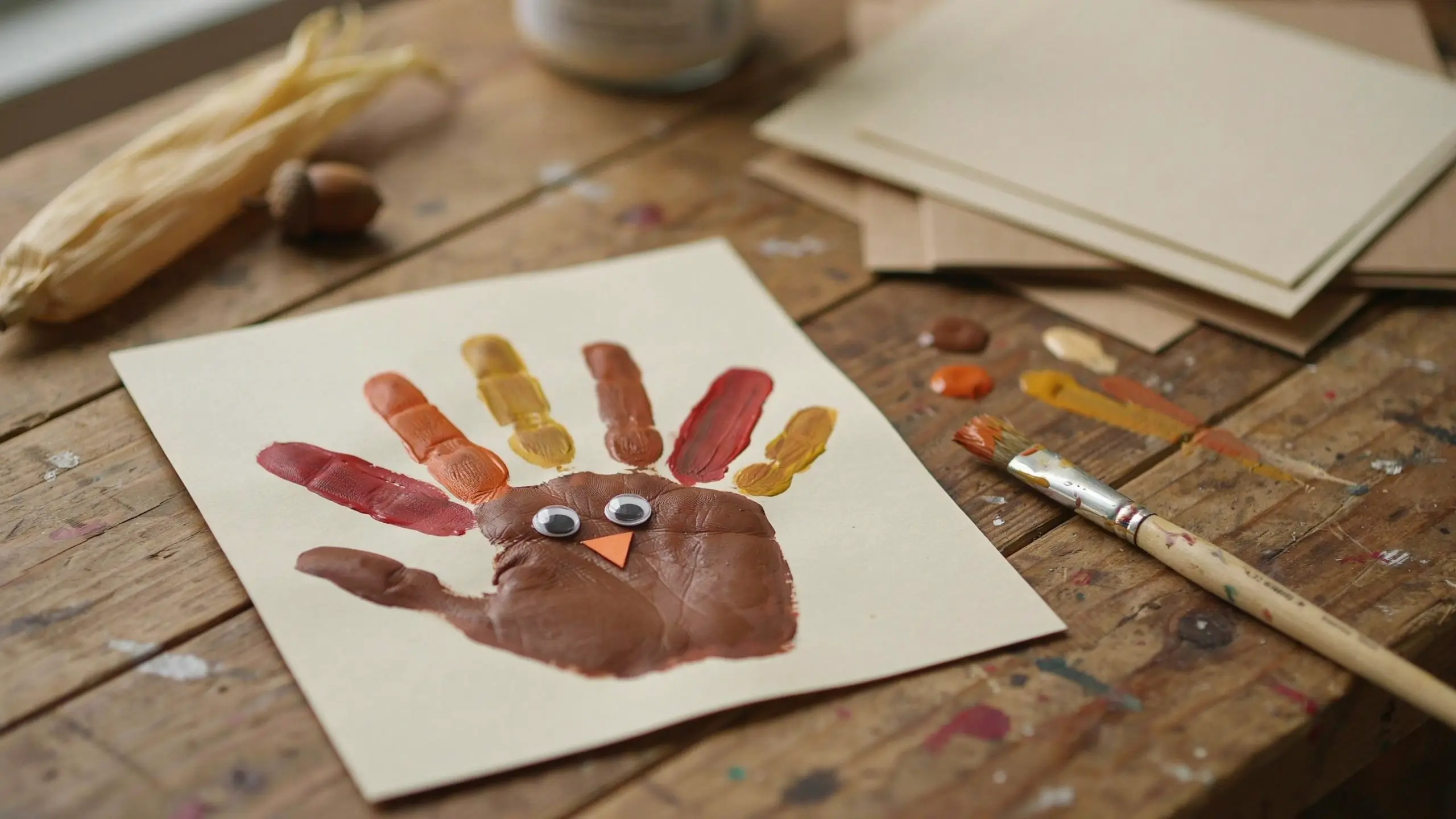 Handprint turkey craft project made with brown paint and colorful finger feathers on beige paper, sitting on a rustic wooden table