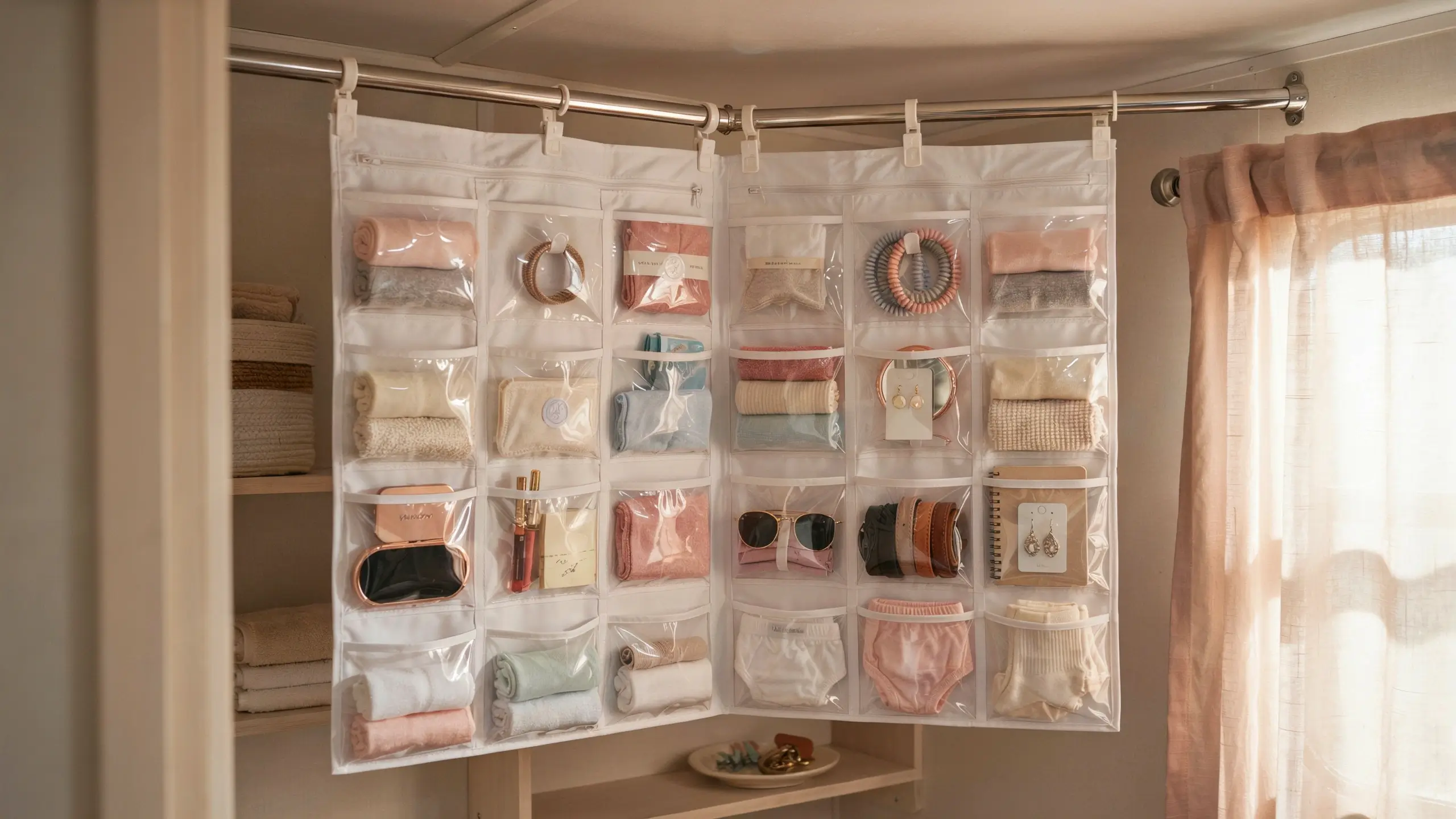 Hanging white closet organizer with clear plastic pockets holding rolled socks, sunglasses, earrings, and small toiletries on a closet rod for easy visibility