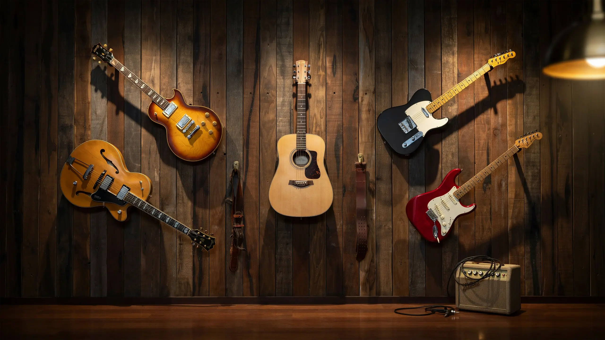 A rustic music room wall featuring five electric and acoustic guitars hanging vertically on dark wooden slats, accompanied by leather straps and a small vintage-style amplifier on the floor.