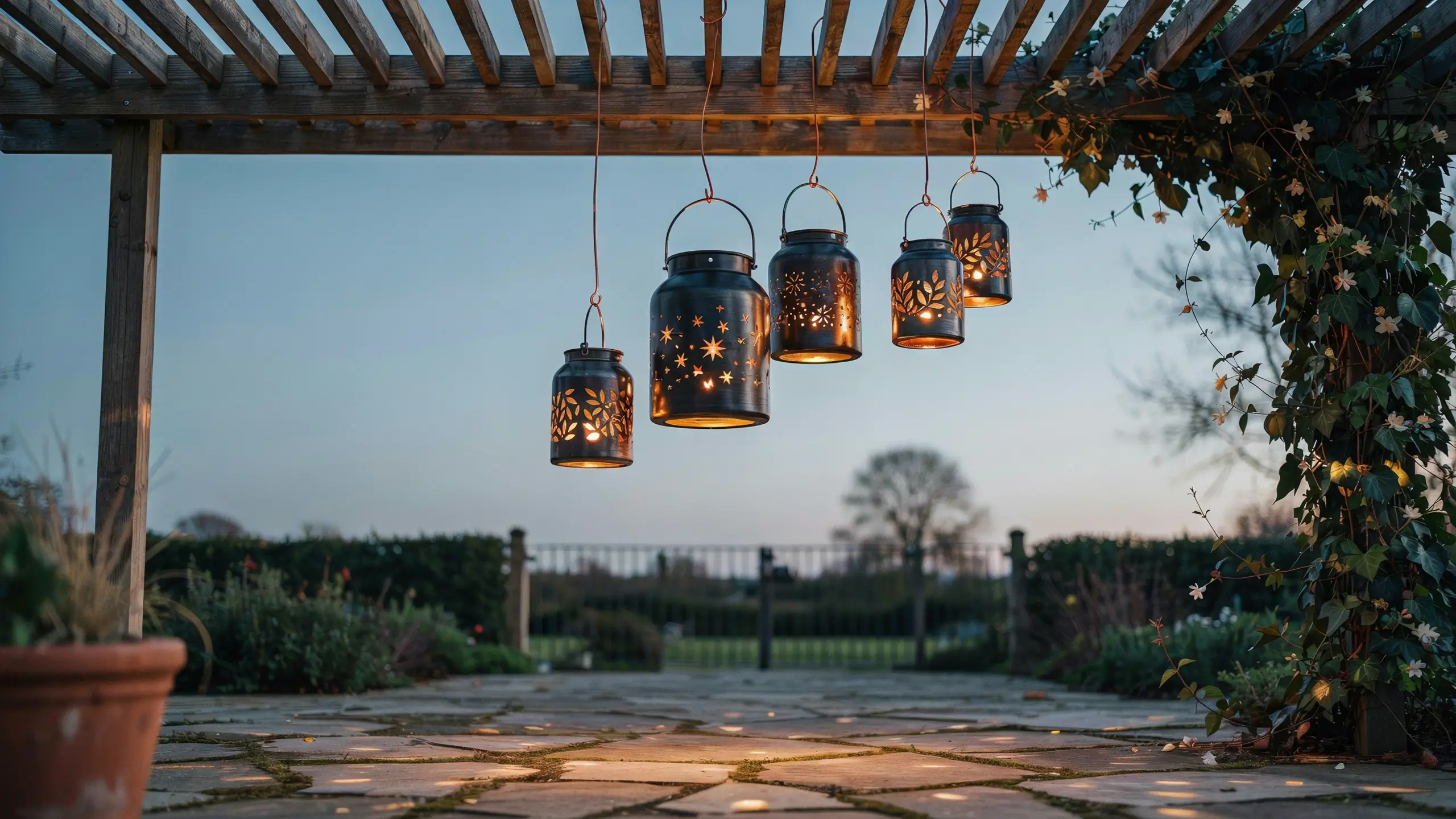 Five rustic punched tin can lanterns with star and leaf cutouts glowing warmly from a wooden pergola in an evening patio garden.
