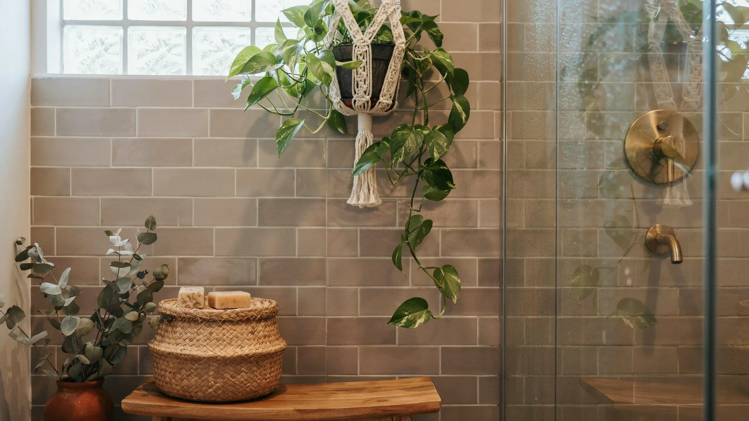 Trailing pothos plant in a macrame hanger beside a glass shower enclosure in a modern bathroom. (Note: The alt text must accurately describe what is in the image for accessibility