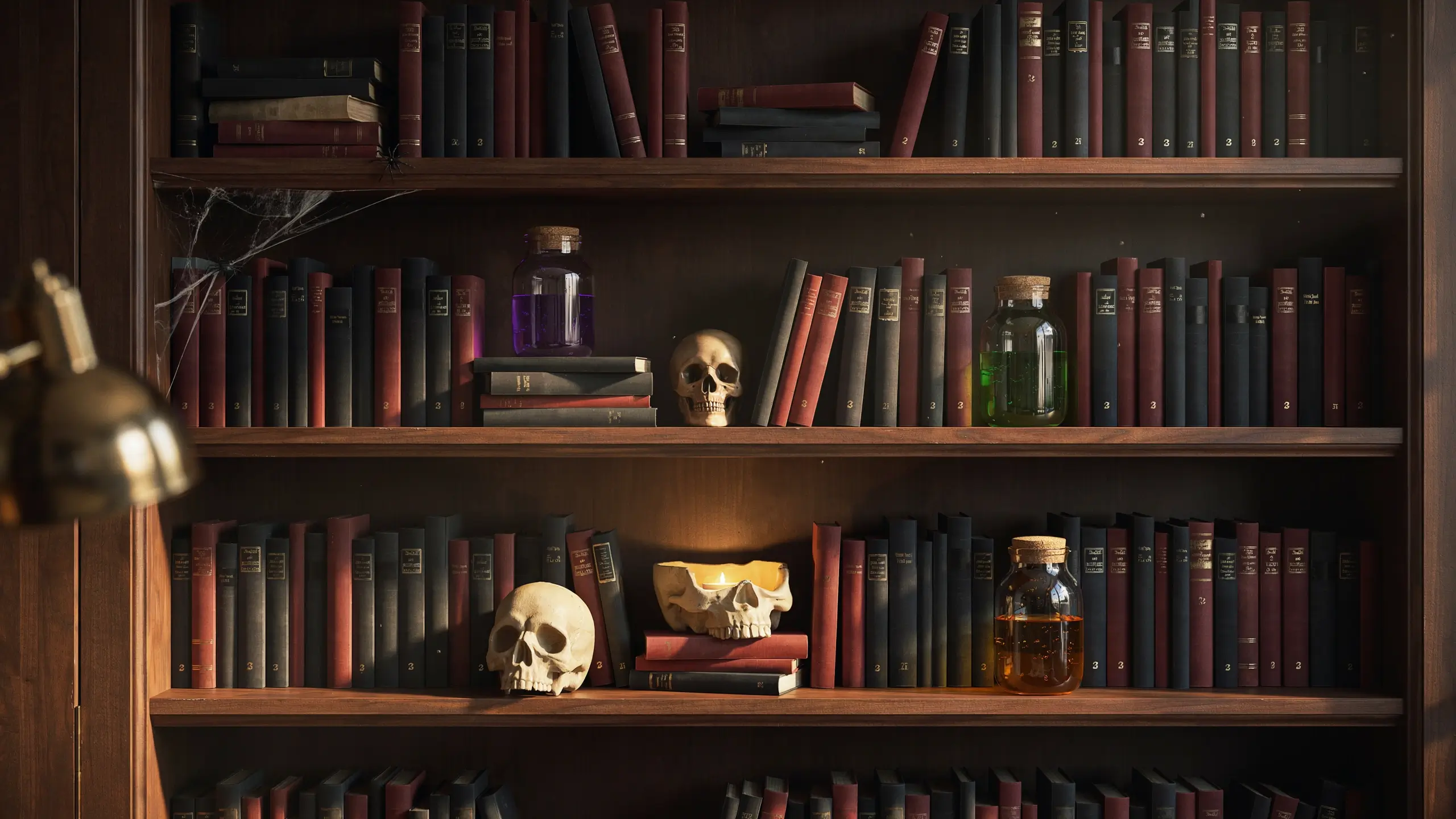 Dark wooden bookshelf filled with red and black vintage books, featuring macabre decor including a human skull, a skull candle holder with a lit flame, and three corked glass potion bottles filled with purple, green, and amber liquids.