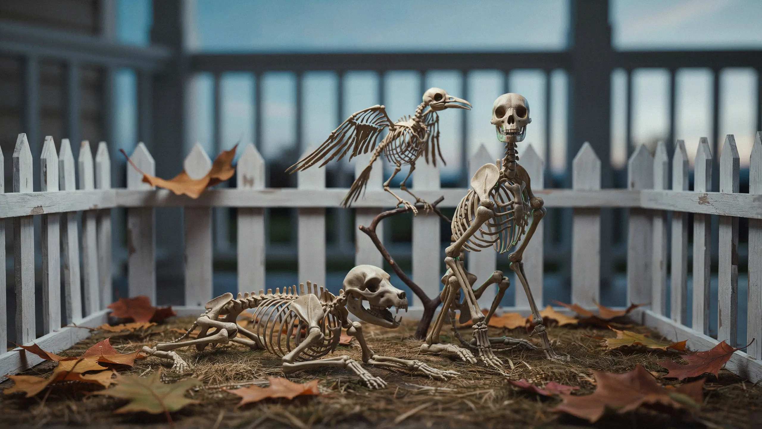 Spooky Halloween animal skeleton decorations featuring a perched bird, lying dog, and standing primate posed on an outdoor porch with a white picket fence and scattered autumn leaves. 