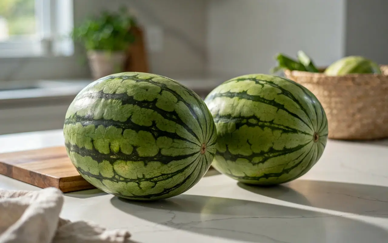Two whole watermelons on a kitchen counter showing the lift test for choosing a heavy ripe watermelon.