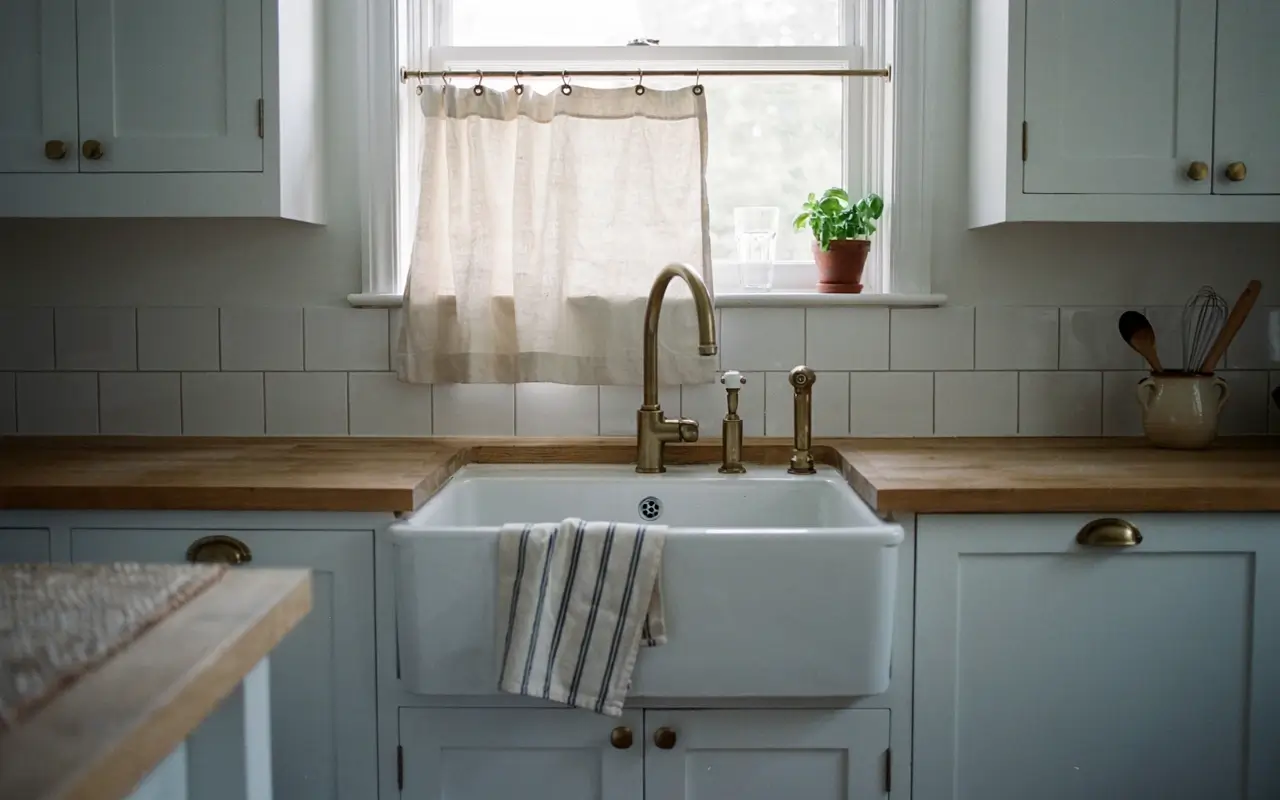 Hemmed café curtain stops above a brass faucet on a farmhouse apron sink in a softly lit kitchen.