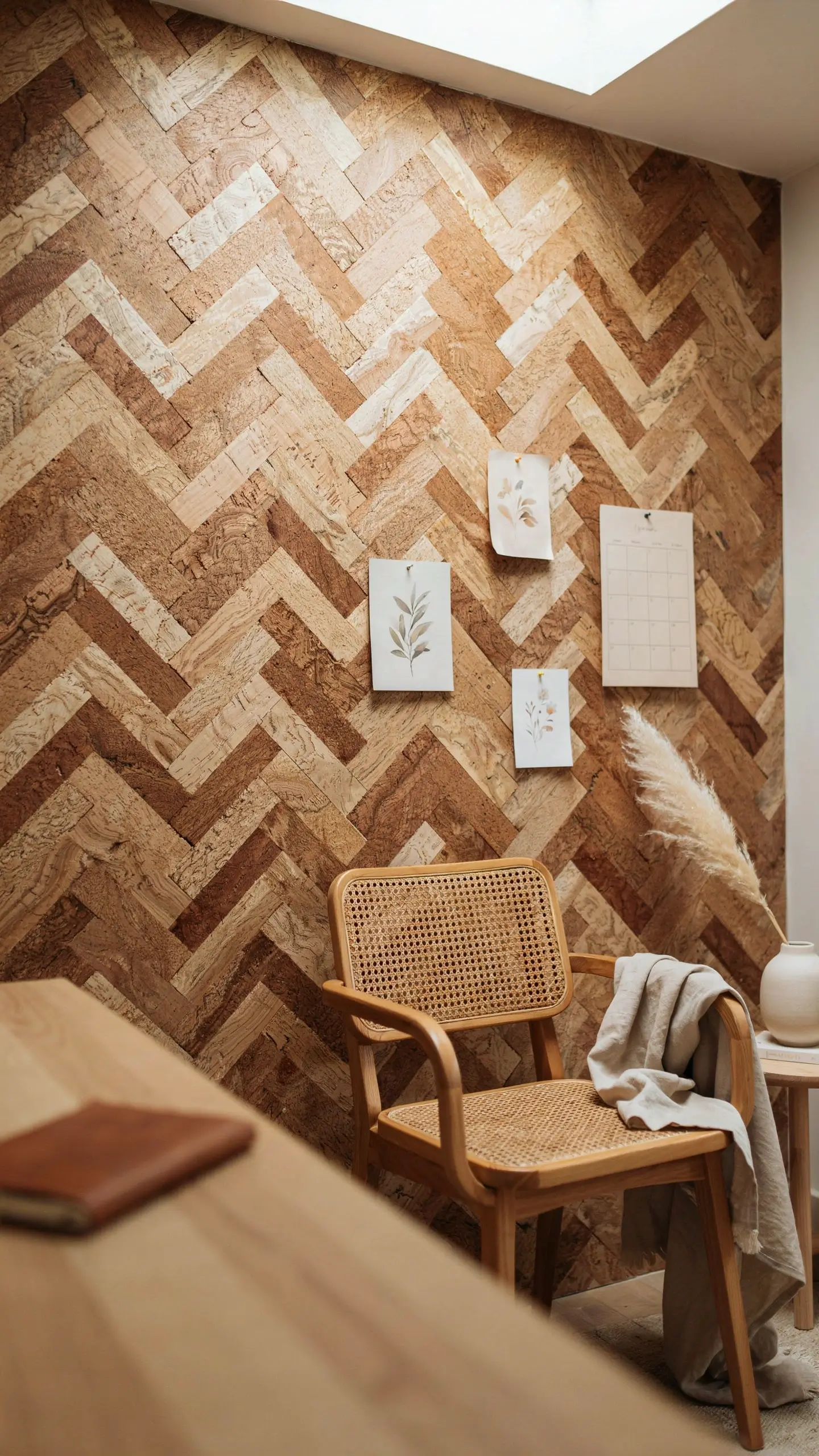 Herringbone pattern cork tile accent wall in a bright, minimalist home office featuring a woven cane-back wooden chair, muted botanical prints, dried pampas grass, and a light wood desk. 