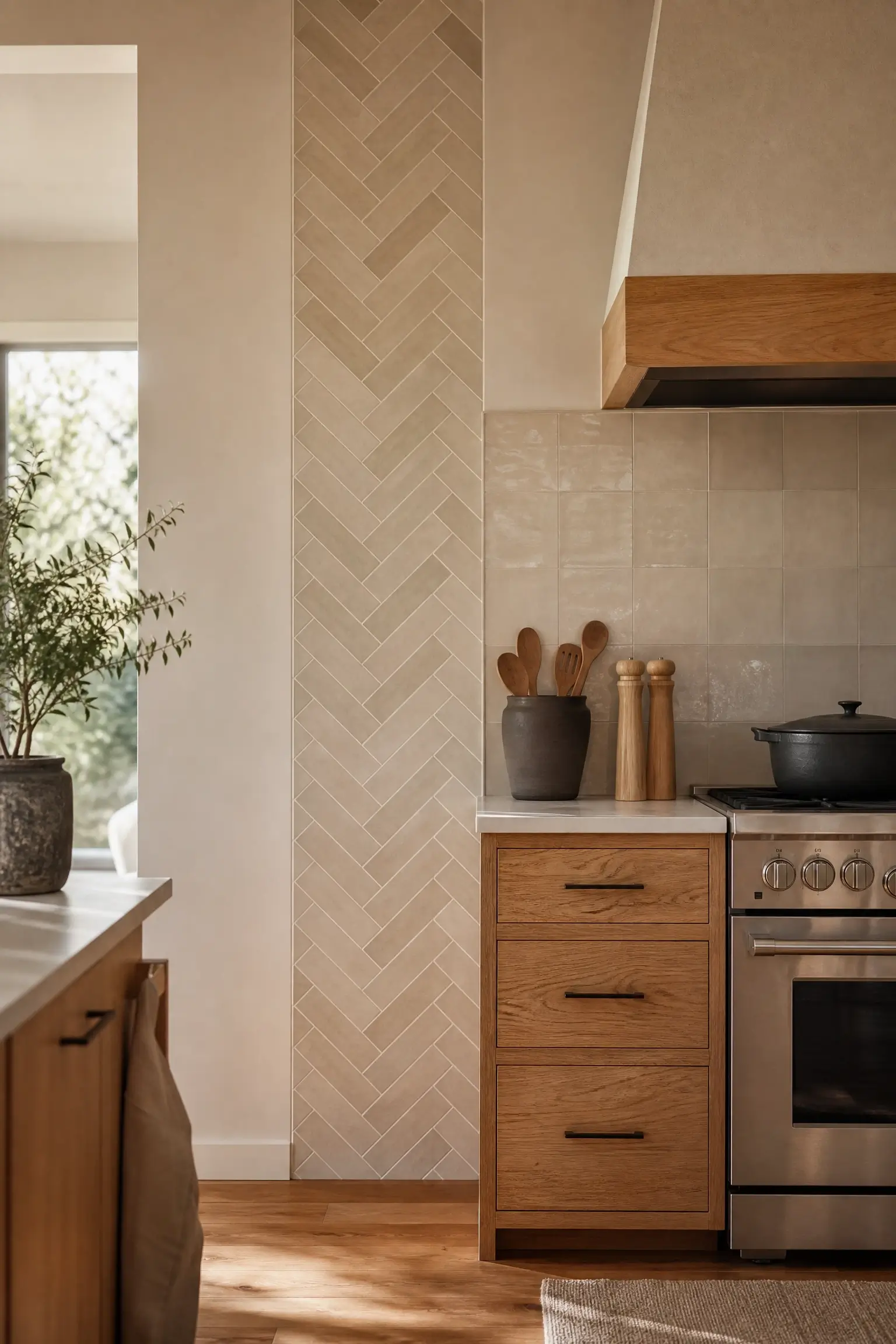 Narrow herringbone tile accent strip beside a stove in a small warm wood kitchen