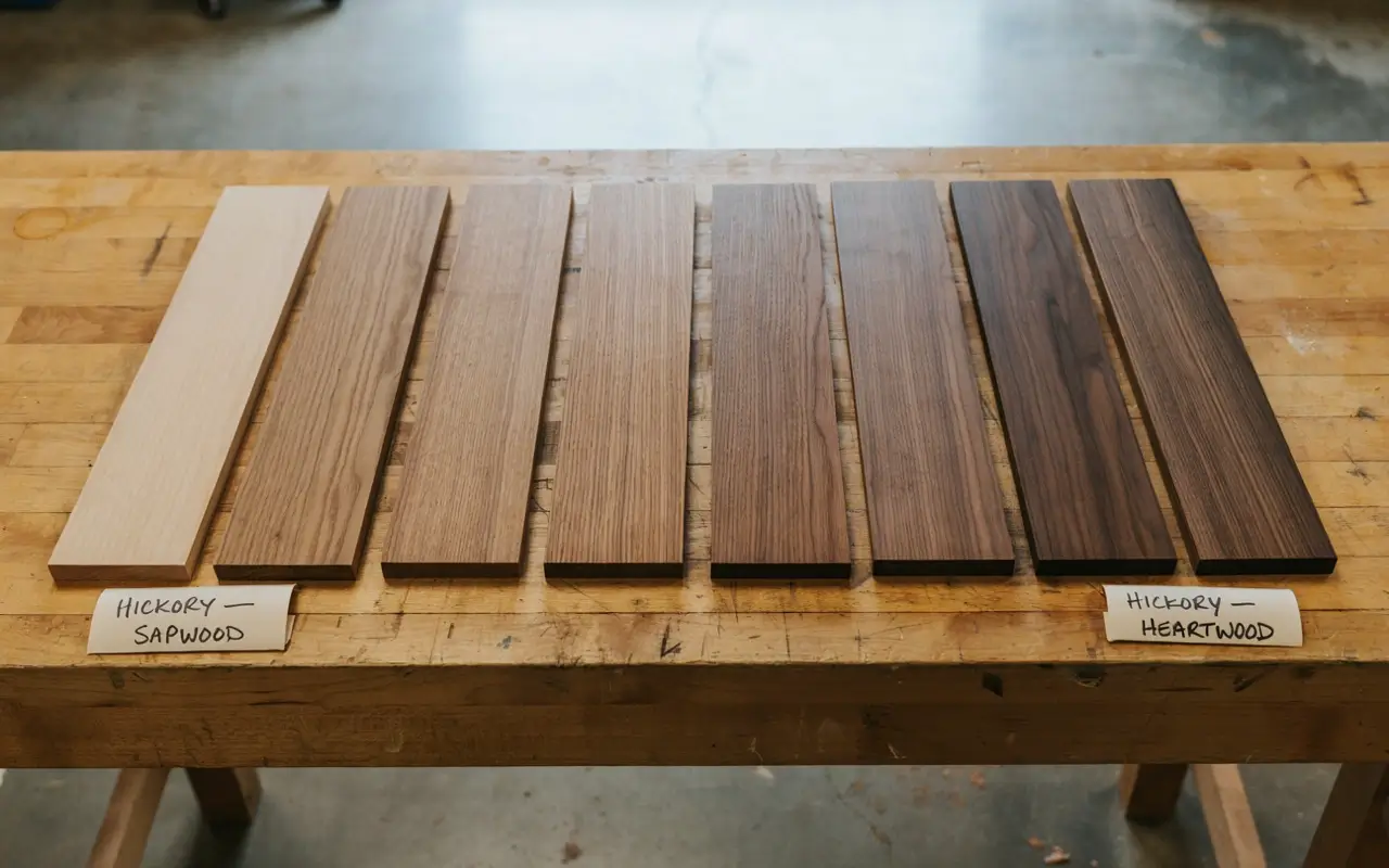 Hickory cabinet panel samples sorted by sapwood to heartwood color before kitchen cabinet installation.