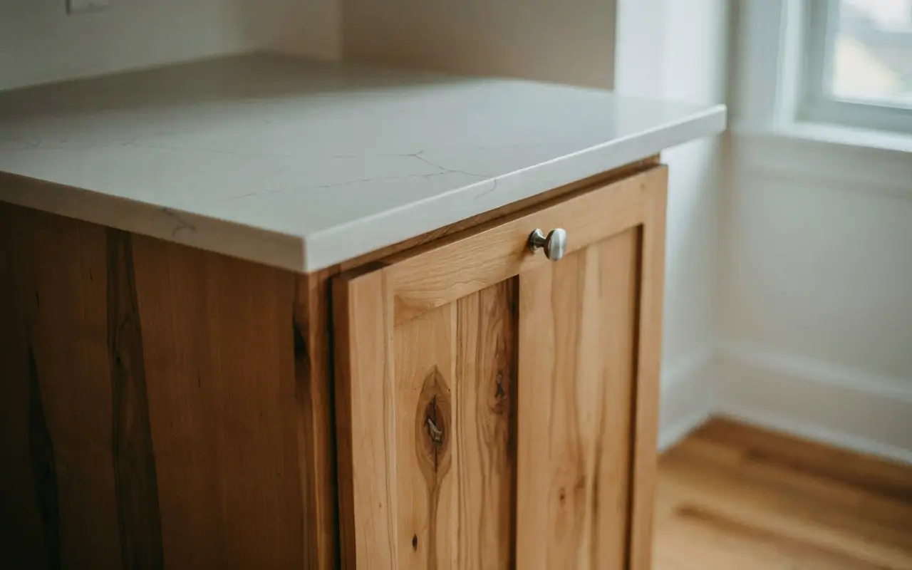 Hickory cabinet topped with a warm-white quartz countertop beside a bright kitchen window