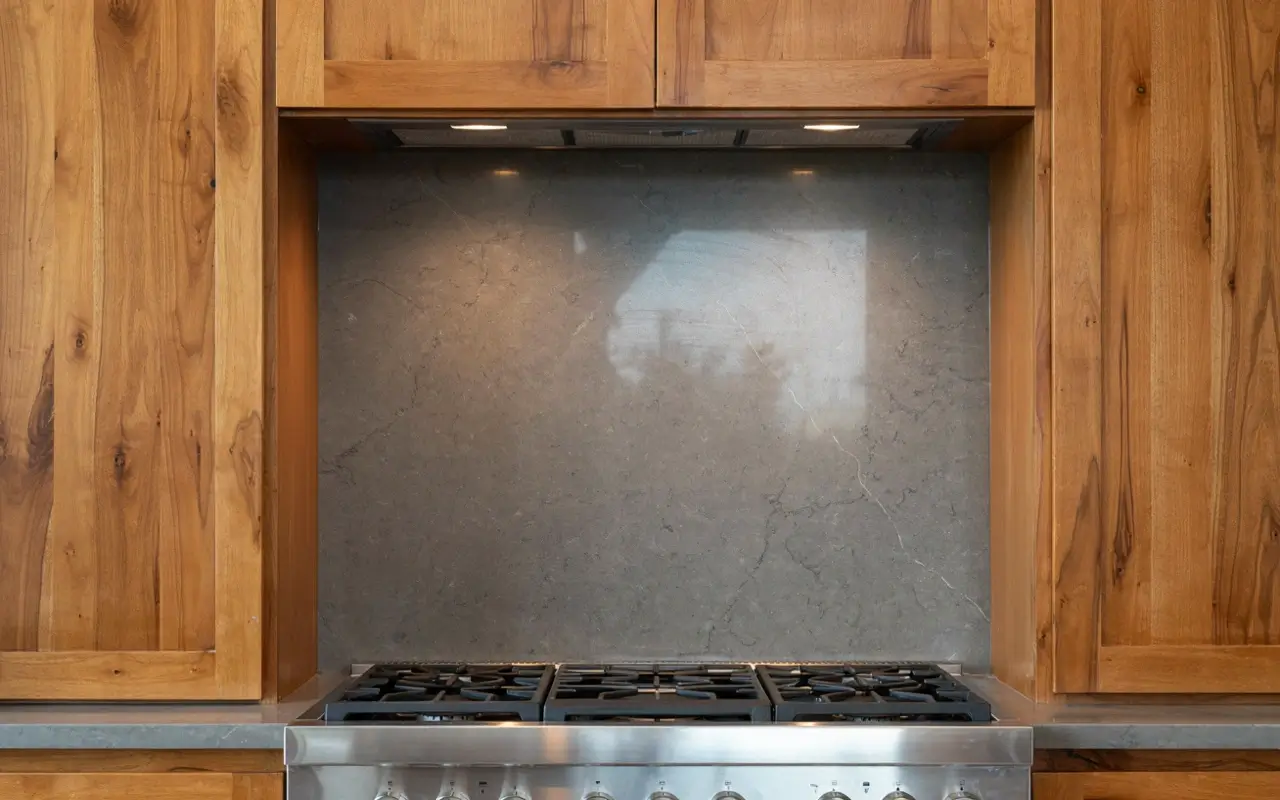 Hickory kitchen range with honed soapstone-look backsplash creating cool contrast behind the stove.