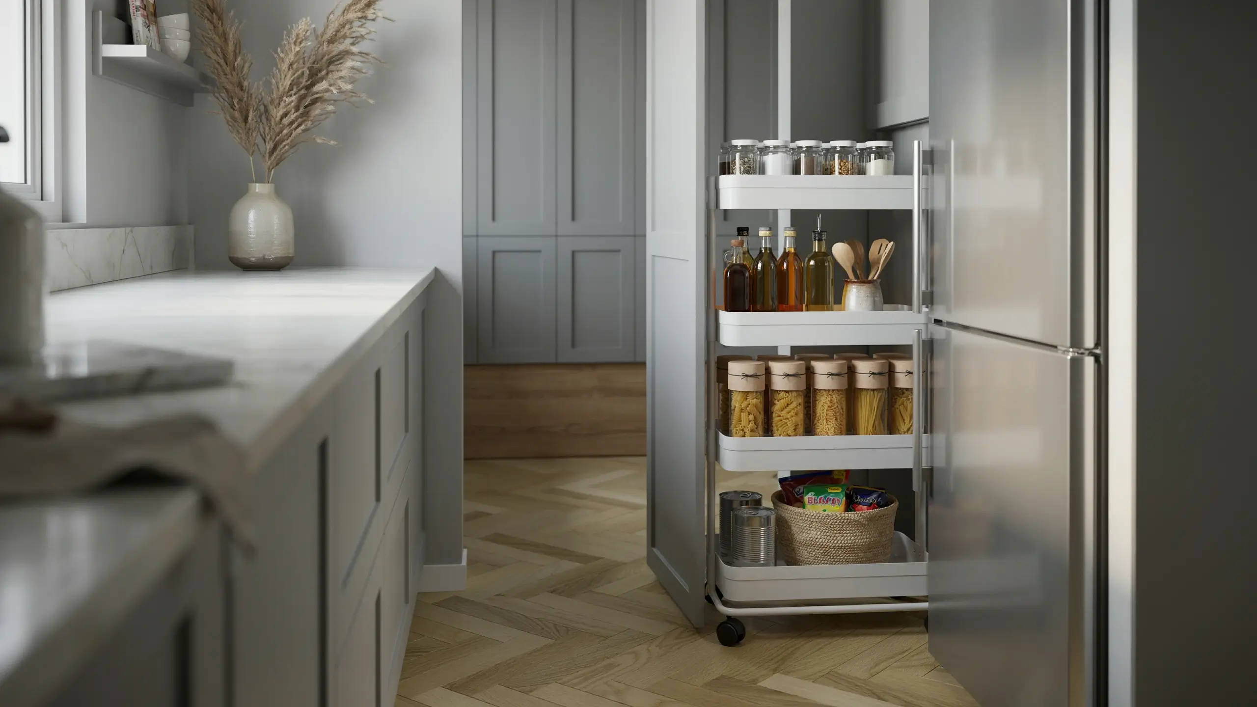 Slim pull-out pantry organizer hidden in the gap beside a refrigerator with shelves for spices, oils, pasta jars, and kitchen essentials in a modern kitchen.