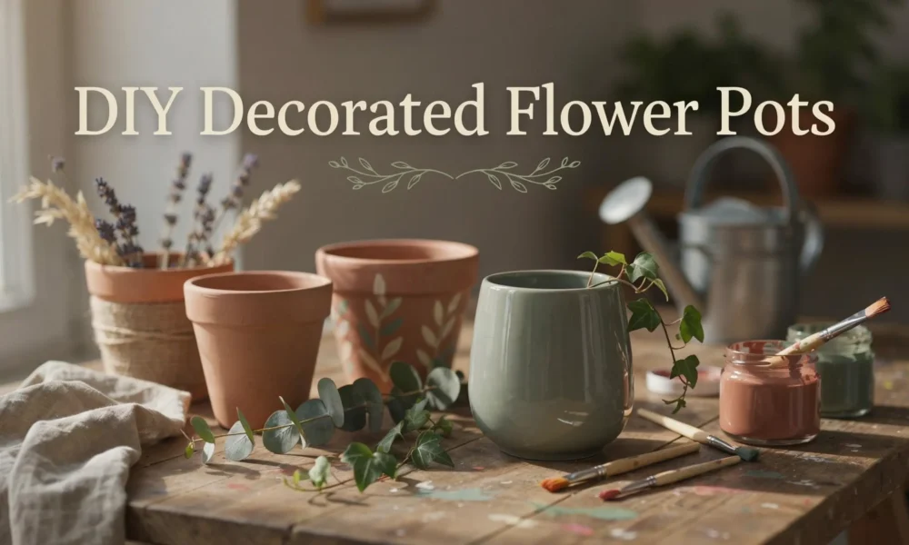 Colorful DIY decorated flower pots with hand-painted designs sitting on a sunlit garden table