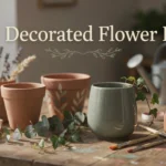 Colorful DIY decorated flower pots with hand-painted designs sitting on a sunlit garden table
