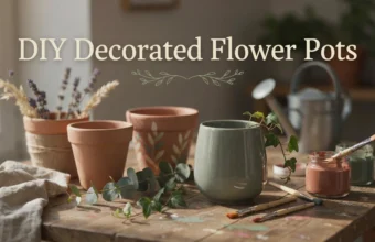 Colorful DIY decorated flower pots with hand-painted designs sitting on a sunlit garden table
