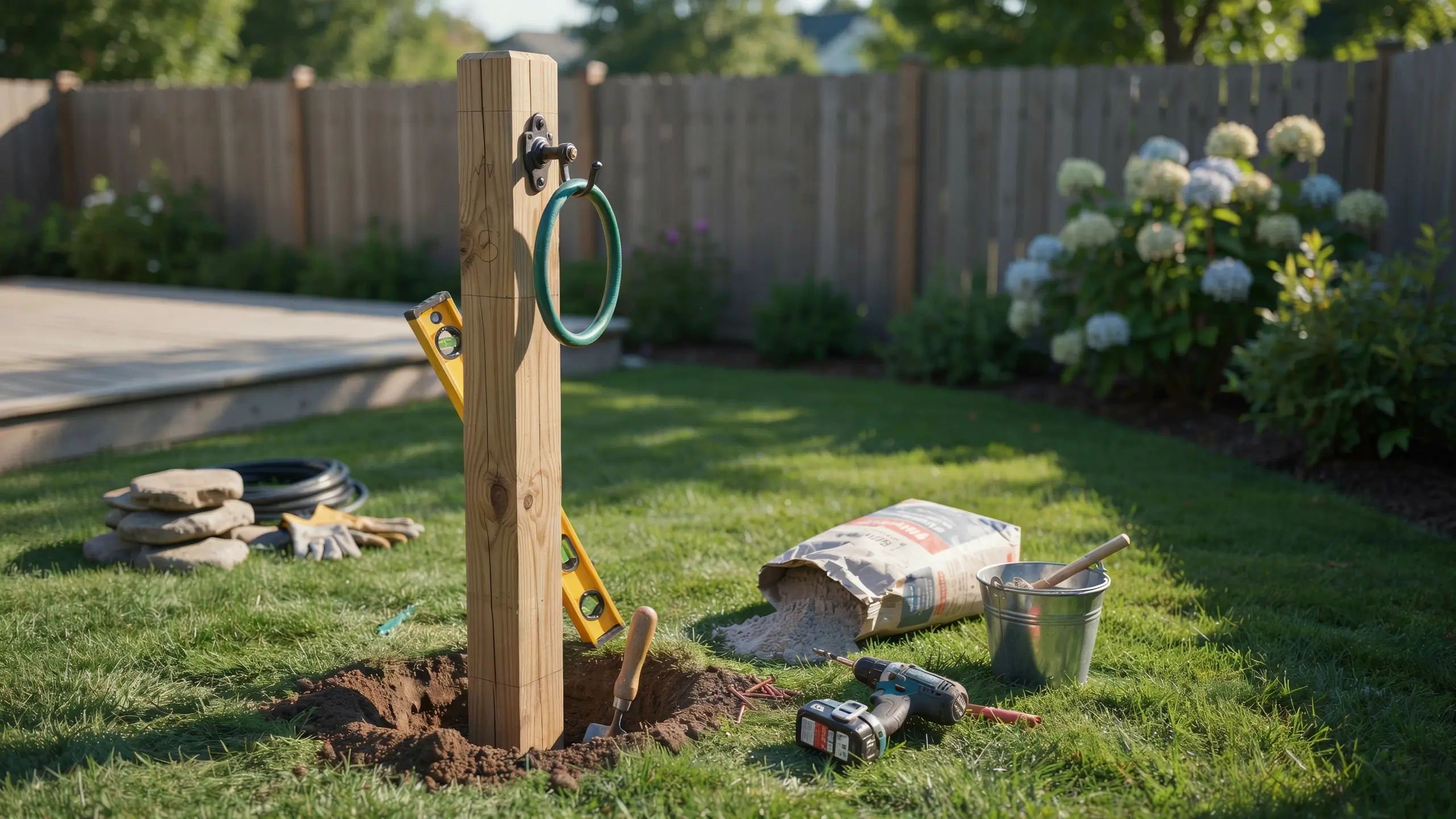 Wooden post set in the ground featuring a green hose ring hanger mounted near the top during a backyard DIY installation.