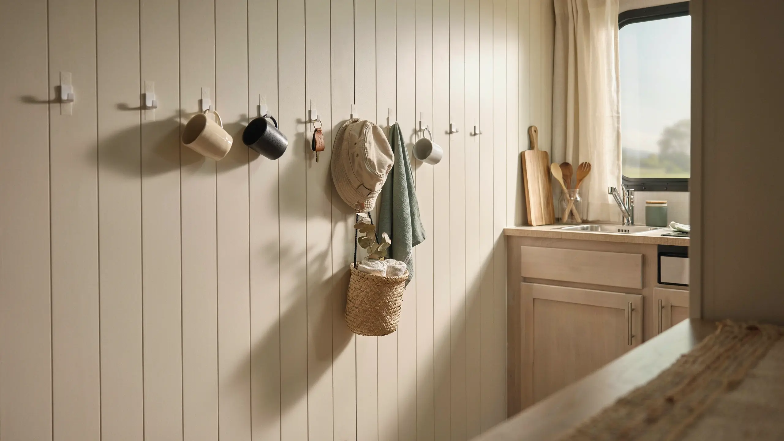 White vertical wooden panel wall in a tiny kitchen utilizing command hooks and strips instead of nails to damage-freely hang mugs, a cap, green towel, and woven basket for wall storage. 