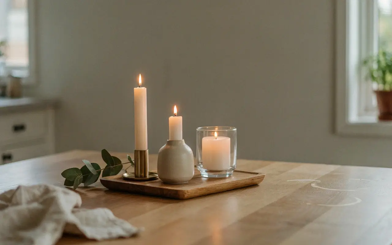 Three mismatched candle holders grouped on a small wooden tray with greenery on a dining table.