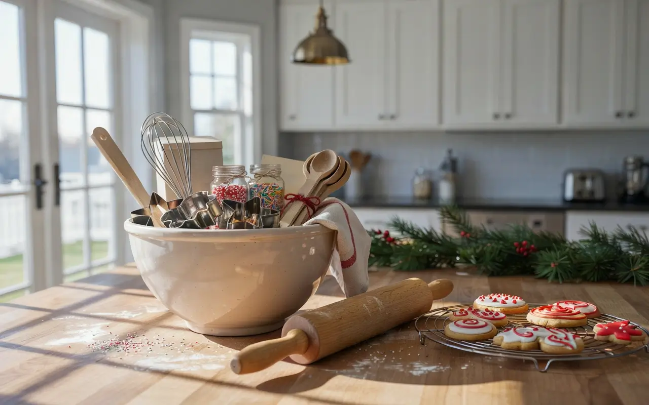 Holiday baking basket with cookie cutters, sprinkles, wooden spoons, rolling pin, and decorated Christmas cookies.