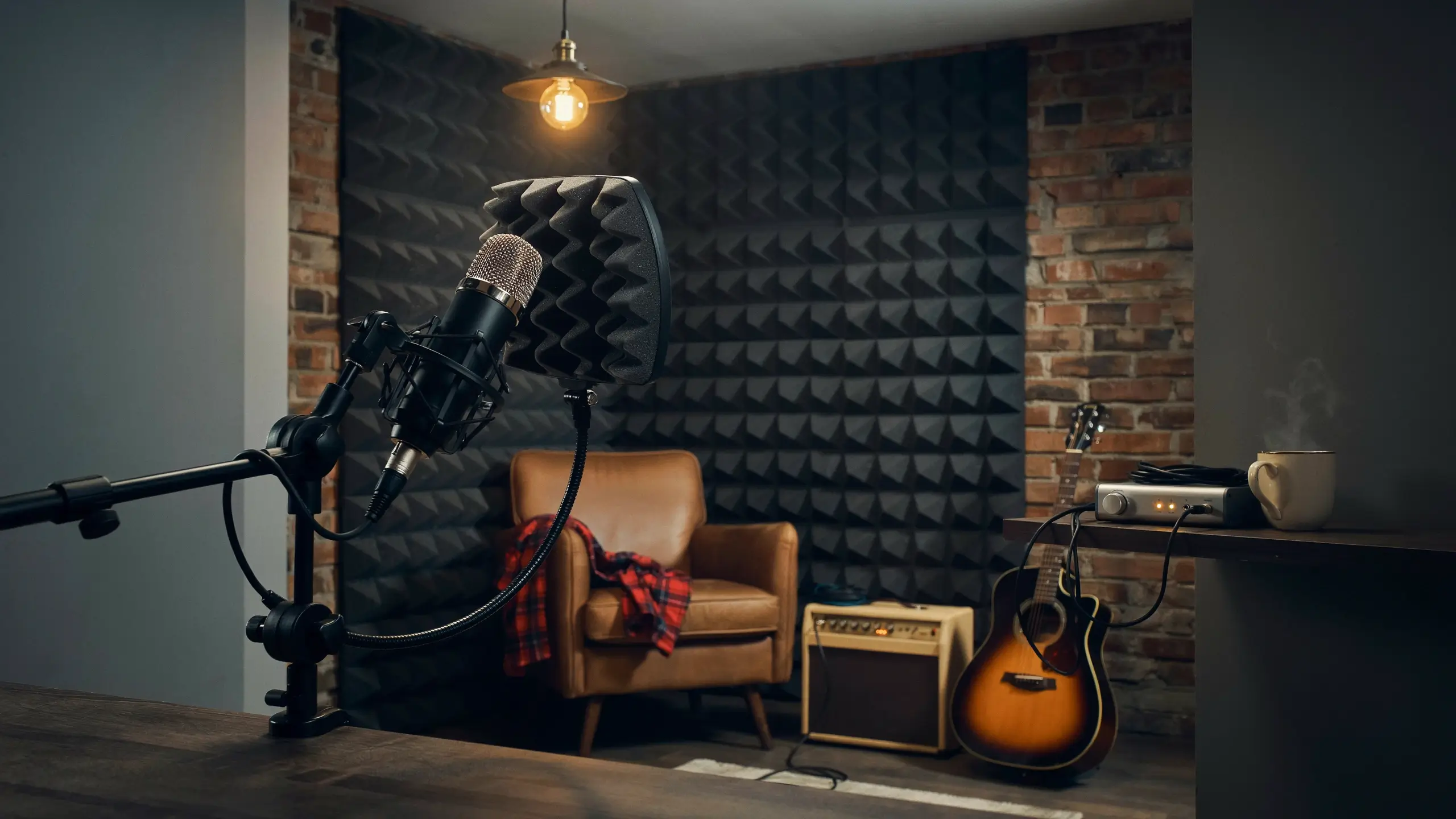 A home recording corner with a portable vocal booth using acoustic foam panels, featuring a condenser microphone on a boom arm, a brown leather armchair, and a warm hanging light. 