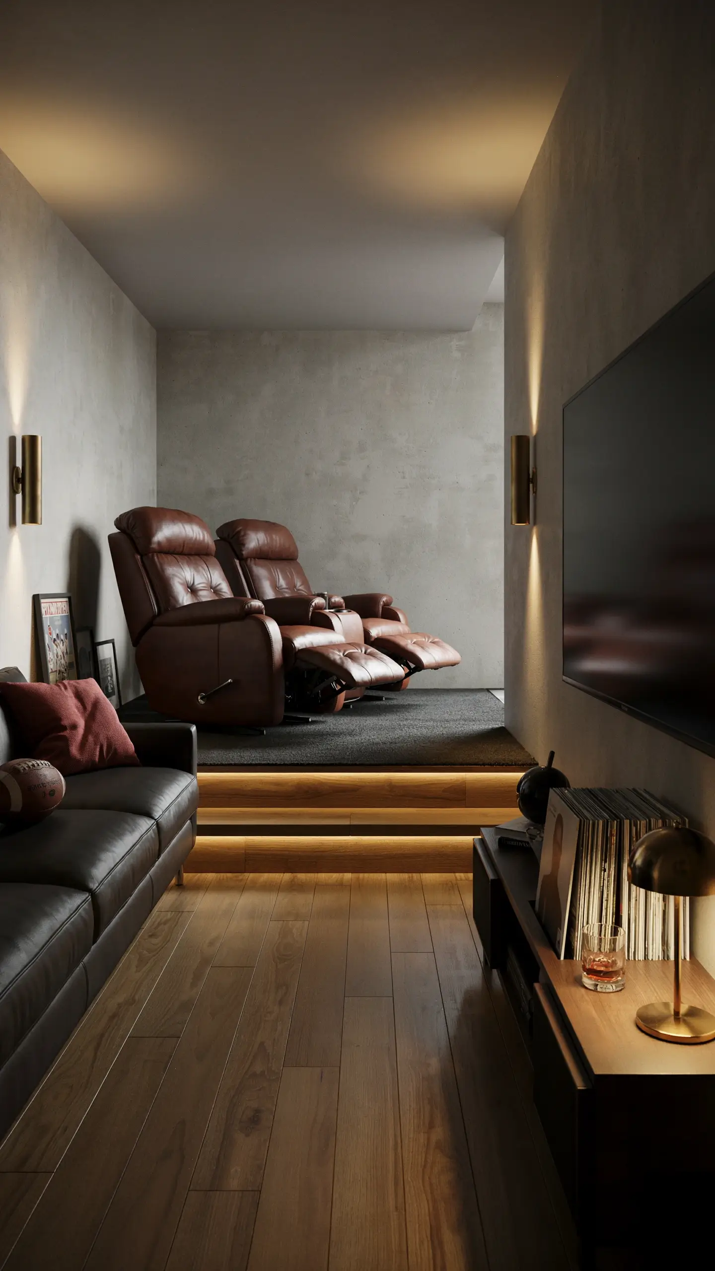 Raised wooden platform home theater with two luxury brown leather stadium recliners, wall-mounted TV, and warm LED under-step lighting 