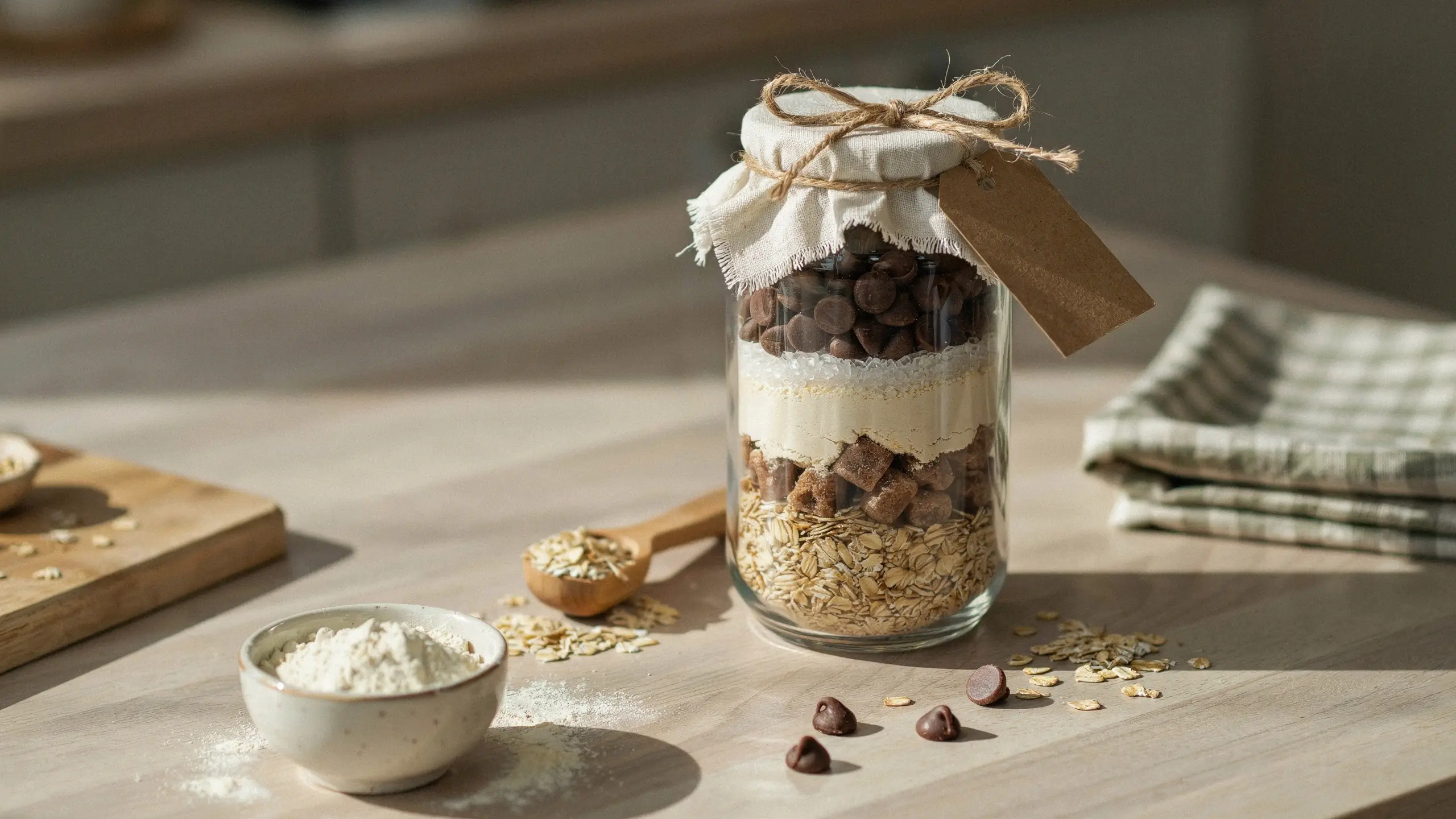 Layered cookie mix in a glass jar with oats, flour, brown sugar, and chocolate chips.