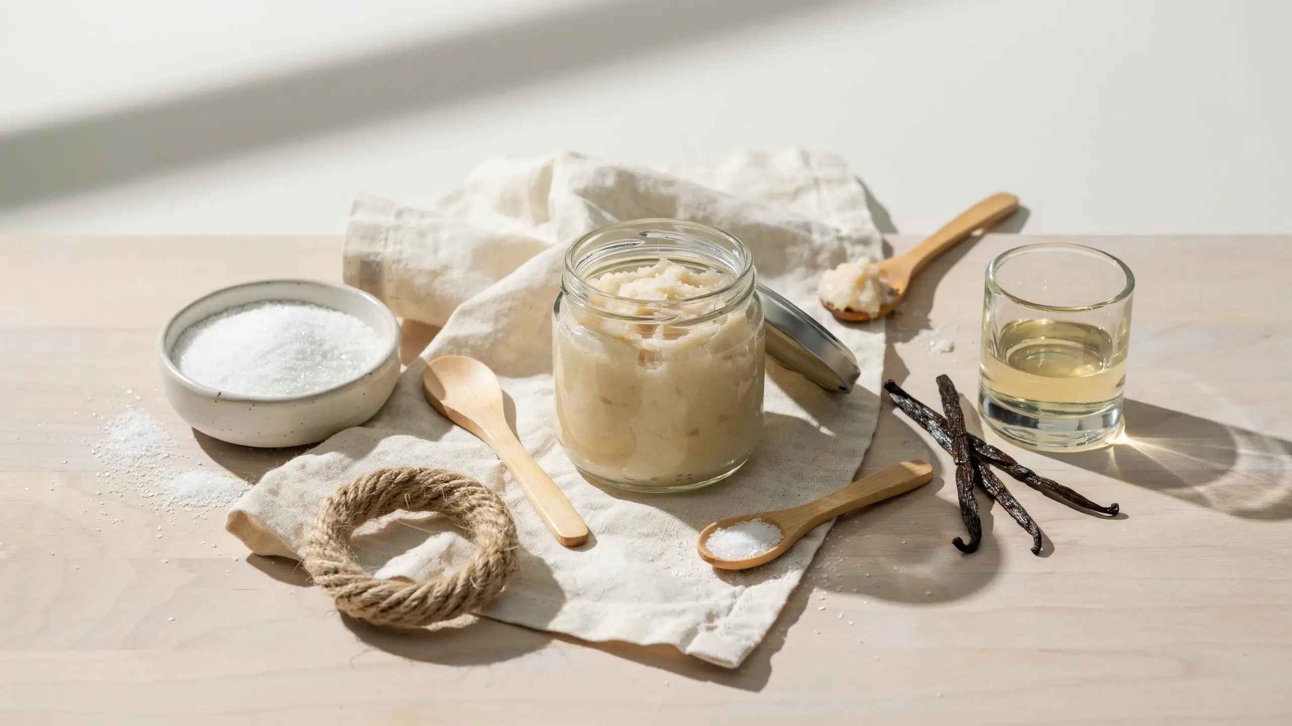 Jar of homemade vanilla sugar scrub with sugar, oil, wooden spoons, and vanilla beans.