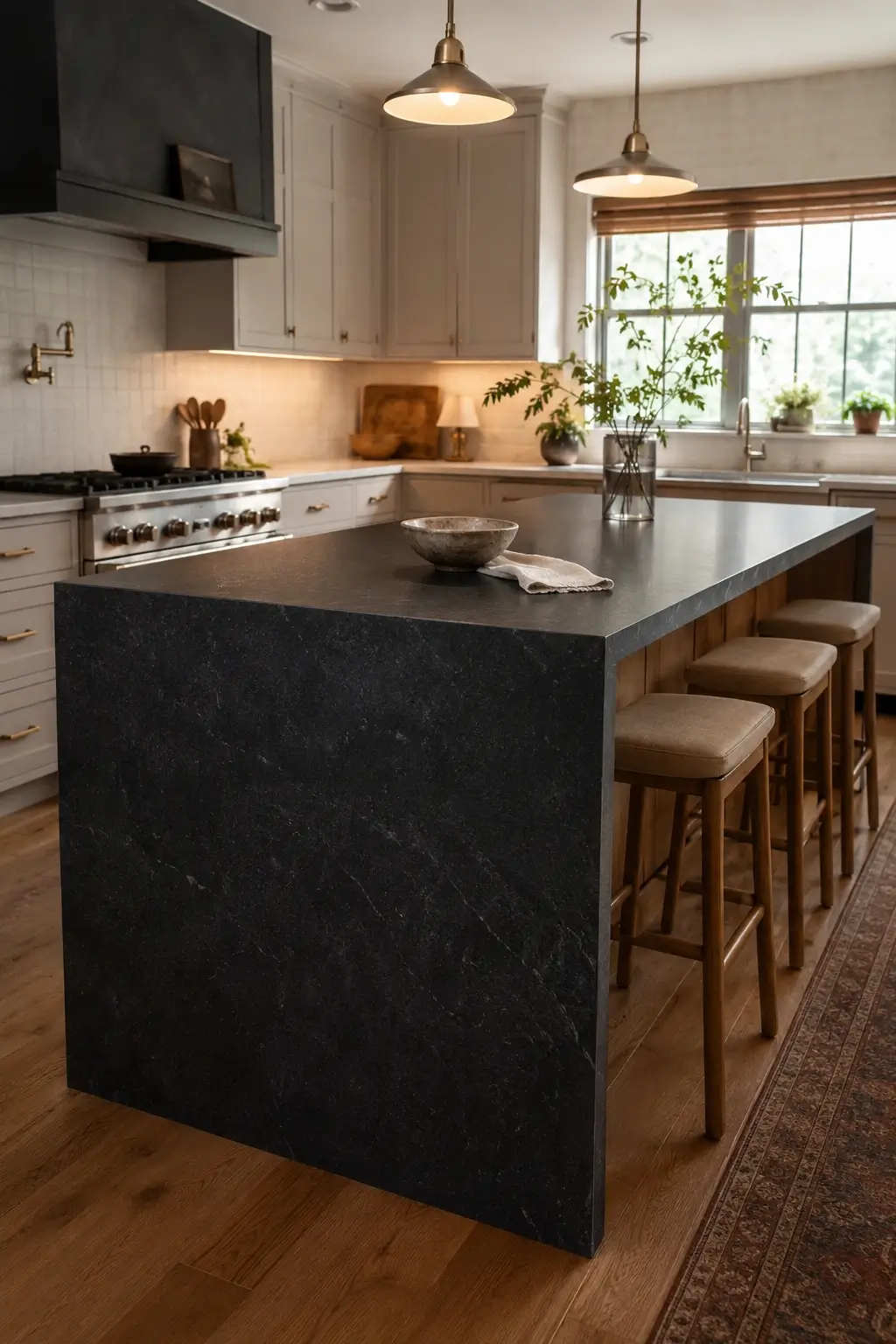 Honed black granite waterfall edge on a kitchen island with taupe cabinets, warm pendants, and wood stools.