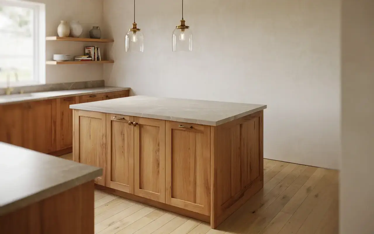 Simple wood kitchen island with a honed natural stone countertop and warm pendant lighting.