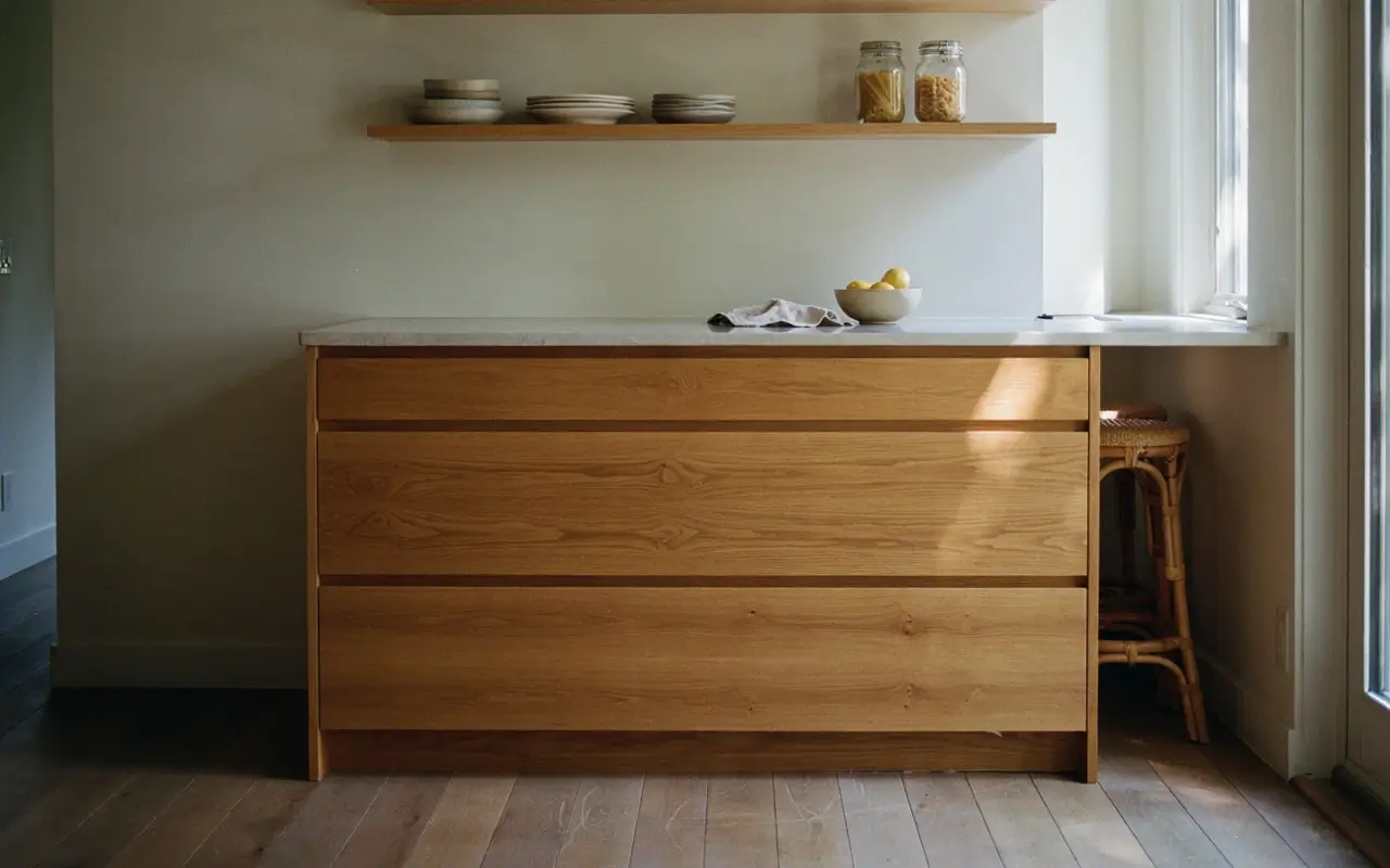 Horizontal-grain wood kitchen island door fronts creating calm lines in a minimalist kitchen.