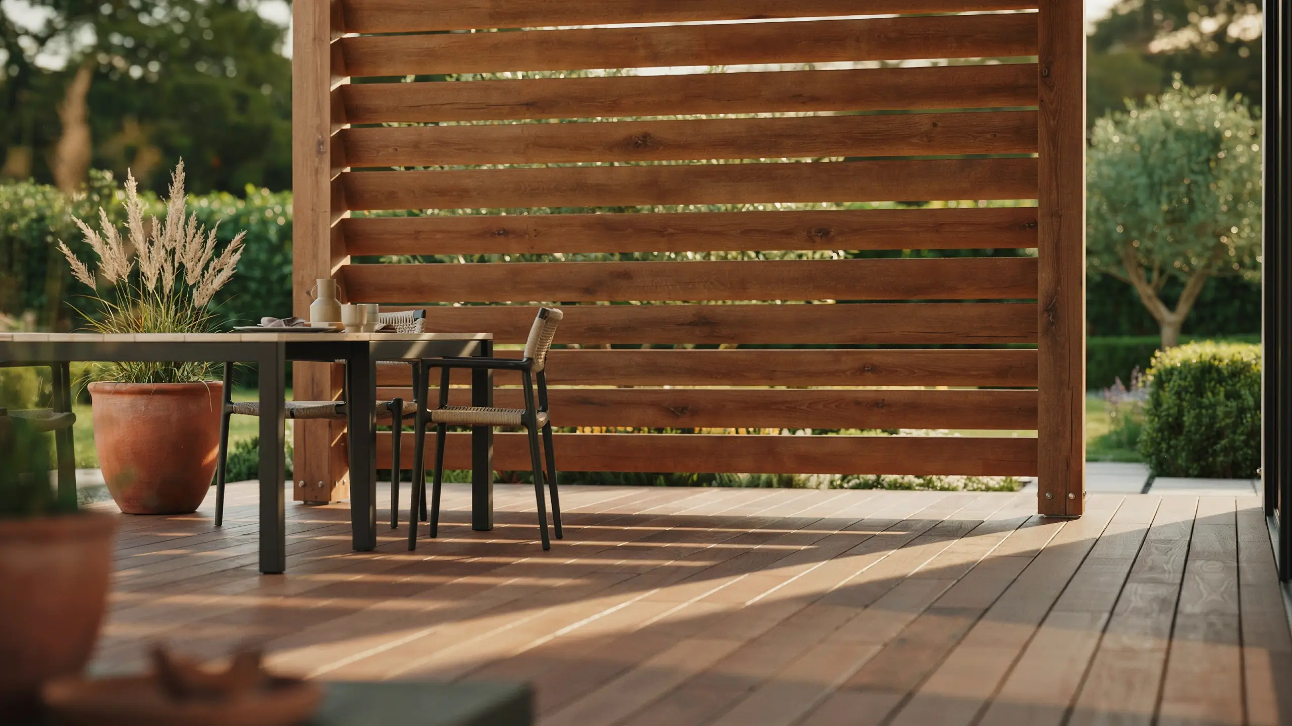 Modern horizontal slatted timber privacy screen on a sunny outdoor wooden deck featuring black-framed dining chairs and a terracotta pot with pampas grass. 