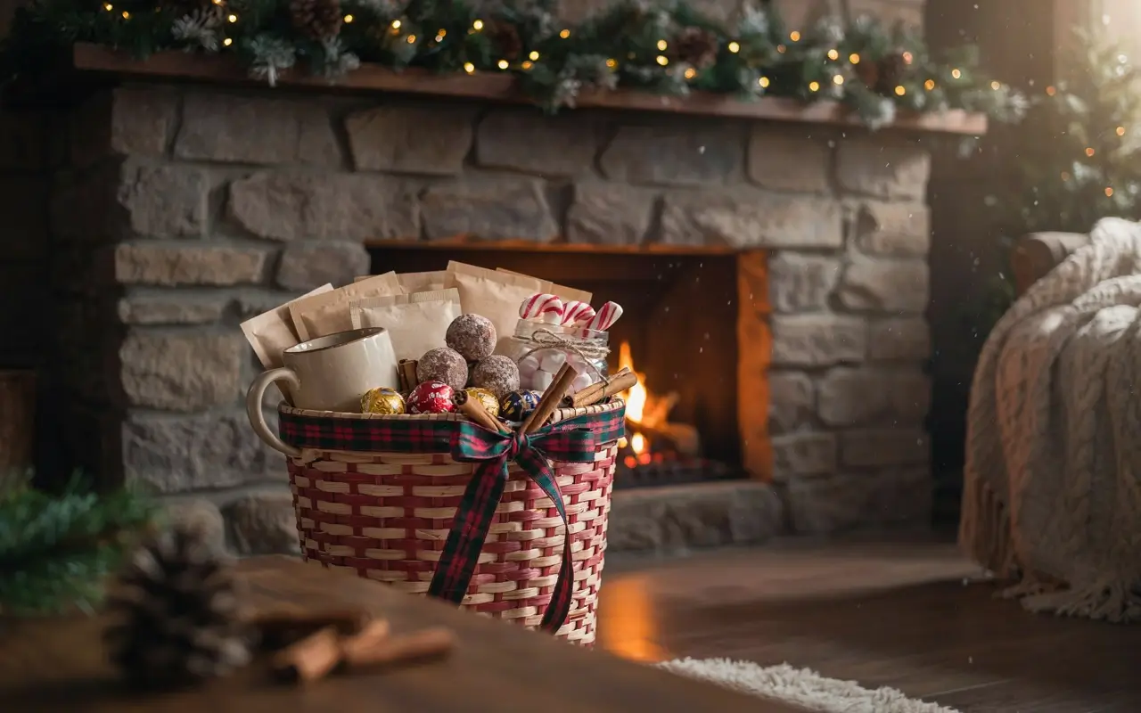 Hot cocoa lover’s Christmas gift basket with mugs, cocoa, marshmallows, candy canes, and chocolates by a fireplace