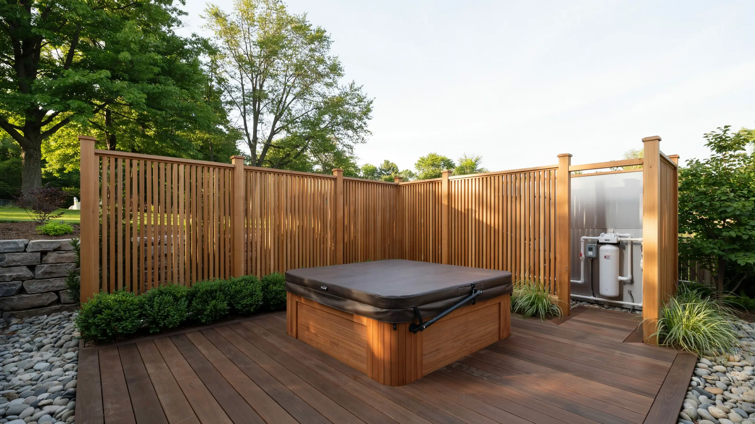 Wooden slatted privacy fence enclosing a covered square hot tub on a deck, featuring an open access point to the white utility heater and pump unit on the right side
