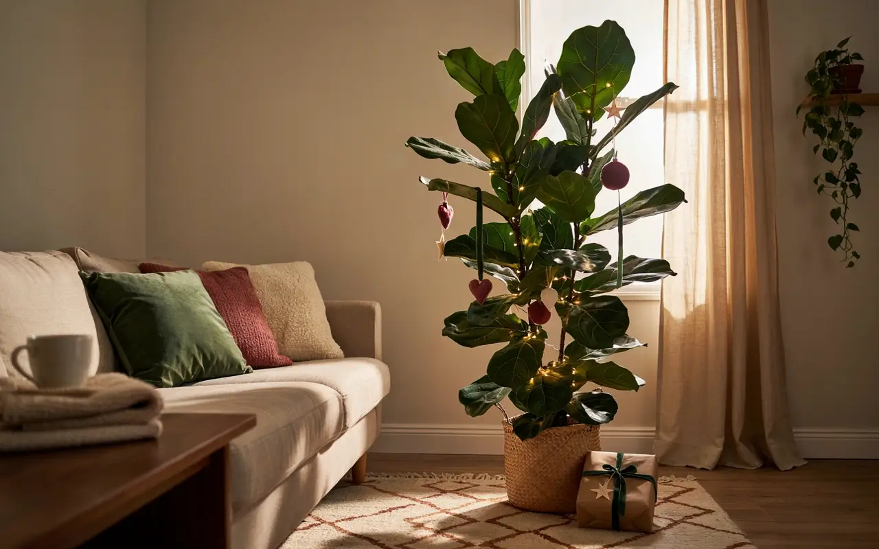 Fiddle leaf fig decorated with warm lights and ornaments as a Christmas tree in a cozy small living room.
