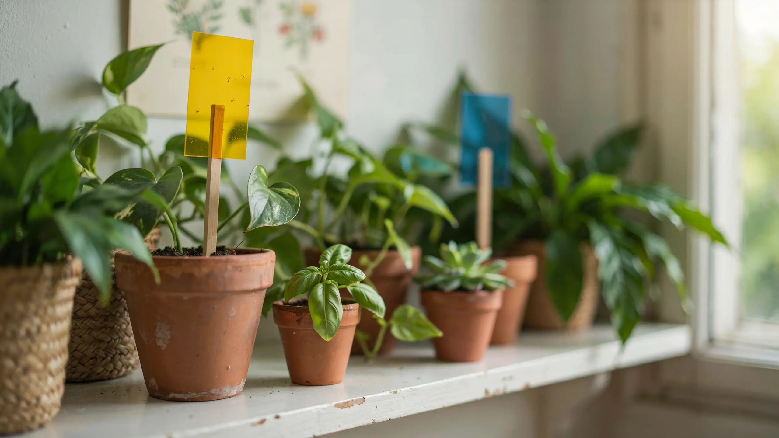 Yellow and blue sticky traps placed in terracotta pots on a bright windowsill to catch and monitor houseplant pests like fungus gnats