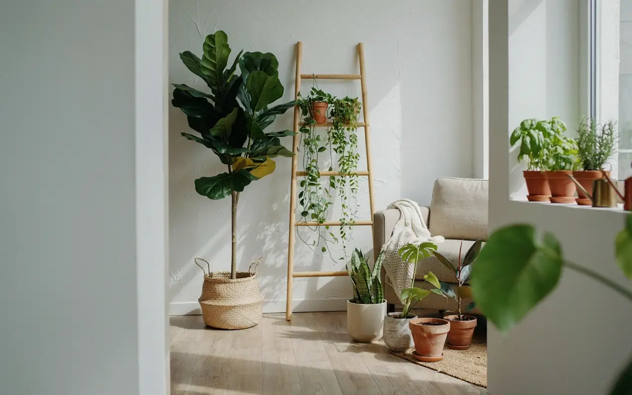 Houseplants and planters in a bright rental living room with a ladder plant stand and sunny window.