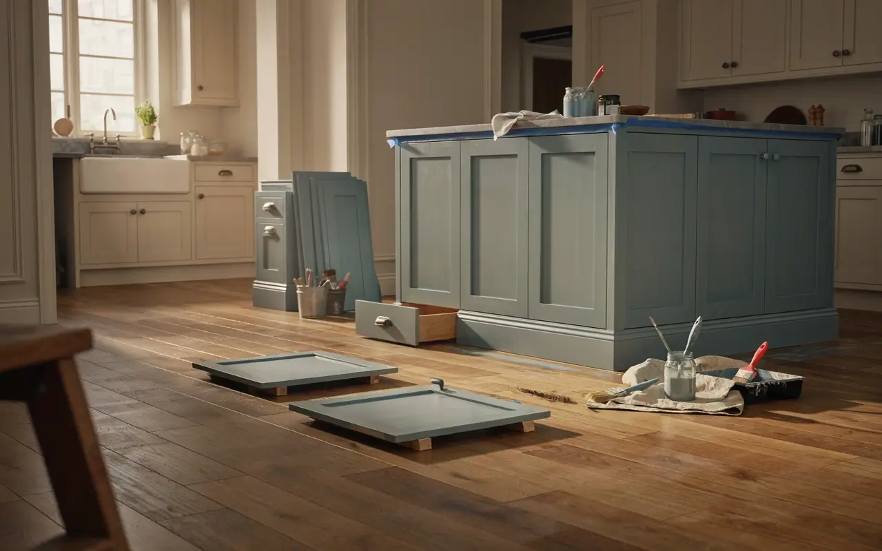Blue kitchen island being painted with removed cabinet doors, painter’s tape, brushes, and paint cans nearby.