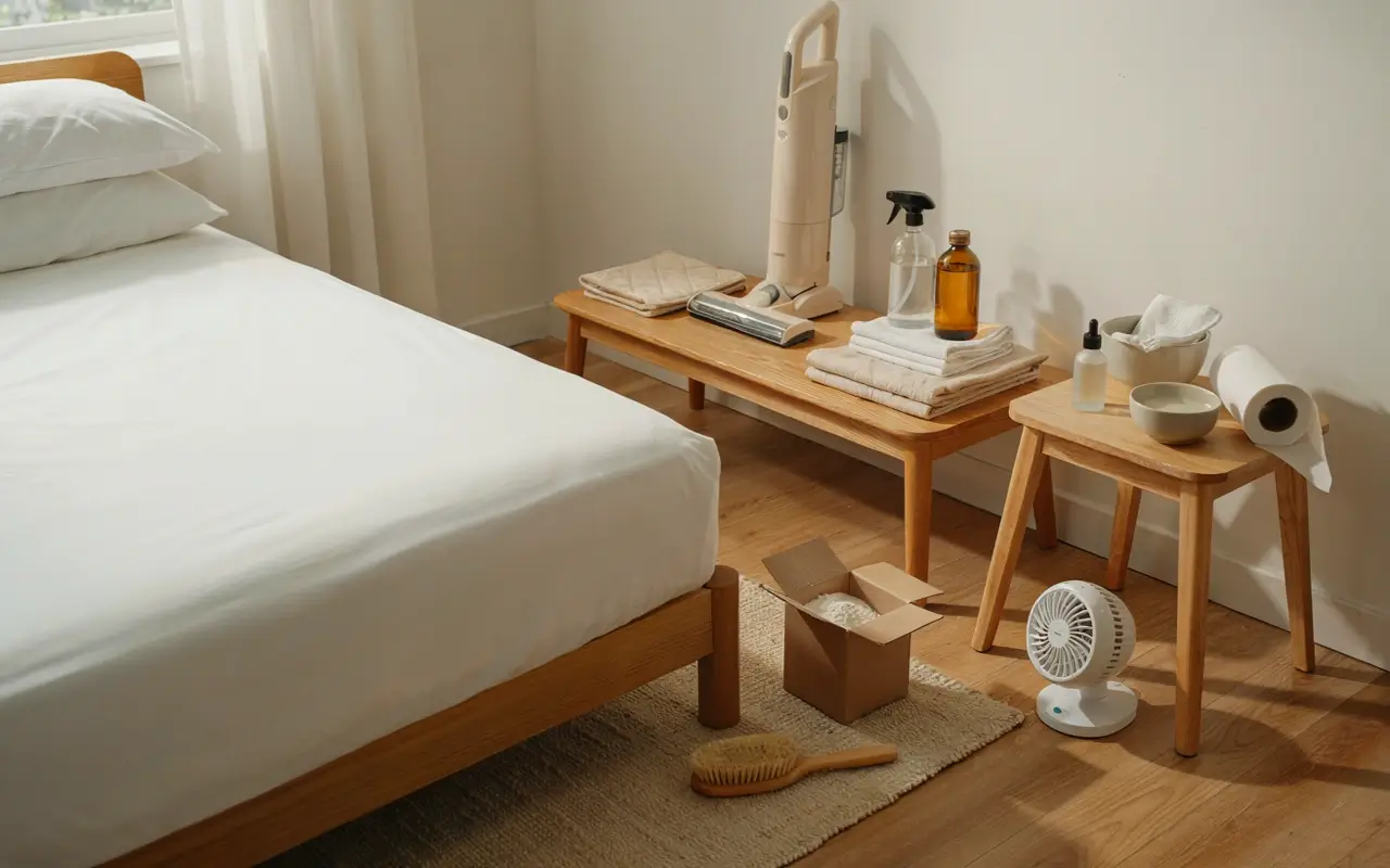 Bedroom prepared for mattress deep cleaning with a vacuum, fresh towels, cleaning spray, and supplies beside the bed.